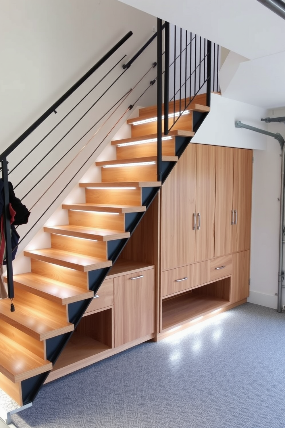 An elegant L-shaped staircase features sleek wooden steps with a modern metal railing. Beneath the staircase, built-in storage solutions blend seamlessly with the overall design, providing both functionality and style. The garage staircase is designed with practicality in mind, incorporating durable materials that withstand wear. Soft LED lighting illuminates the steps, enhancing safety while adding a contemporary touch to the space.