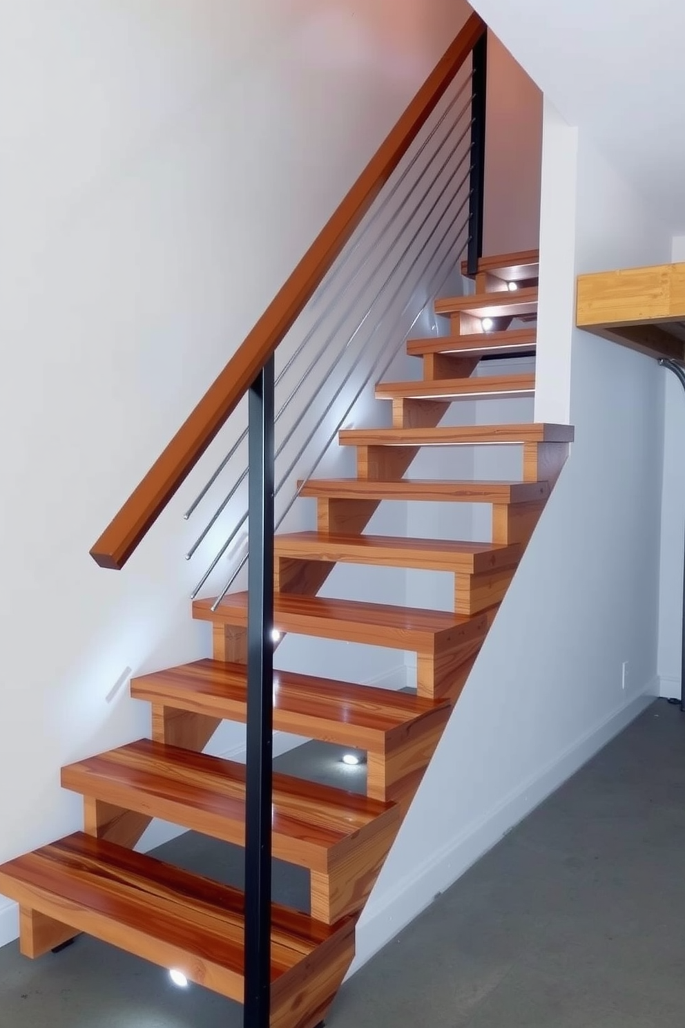 A stunning wooden staircase with a sleek metal railing showcases a perfect blend of modern and traditional design elements. The warm tones of the wood contrast beautifully with the cool, industrial feel of the metal, creating an inviting focal point in the space. The staircase features open risers that allow light to flow through, enhancing the airy atmosphere of the garage area. Thoughtfully placed LED lights illuminate the steps, adding both safety and a touch of elegance to the overall design.