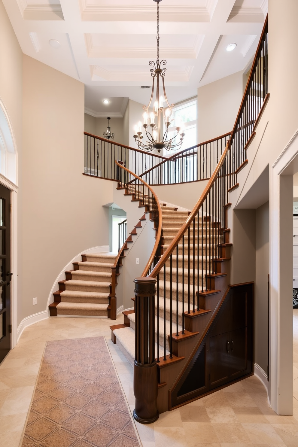 A grand entryway features a sweeping curved staircase that gracefully ascends to the upper level. The staircase is adorned with a rich wooden handrail and complemented by elegant wrought iron balusters. The space is illuminated by a stunning chandelier that hangs from a coffered ceiling, casting a warm glow over the entry. A plush runner carpet in a neutral tone adds comfort and style to the staircase, inviting guests into the home. For the garage, the staircase design incorporates functional elements with sleek storage solutions beneath the steps. The walls are painted in a soft gray, creating a modern and clean aesthetic that enhances the overall appeal of the space.