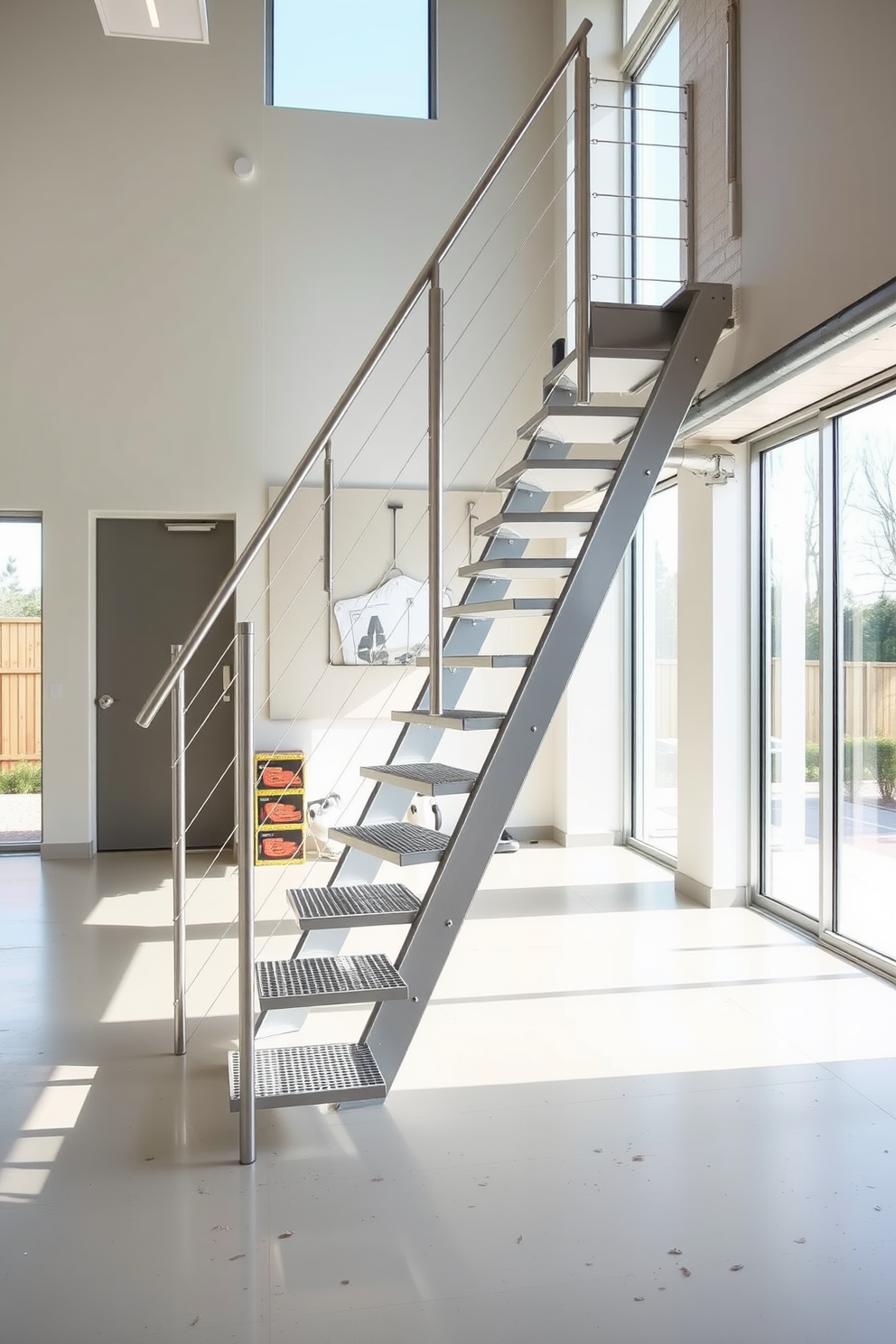 A modern garage staircase design featuring foldable stairs that can be easily retracted when not in use. The stairs are made of sleek metal with a minimalist aesthetic, seamlessly integrating into the garage's overall design. Natural light floods the space through large windows, highlighting the clean lines and functional design of the foldable stairs. The surrounding walls are painted in a neutral color, creating a bright and open atmosphere.