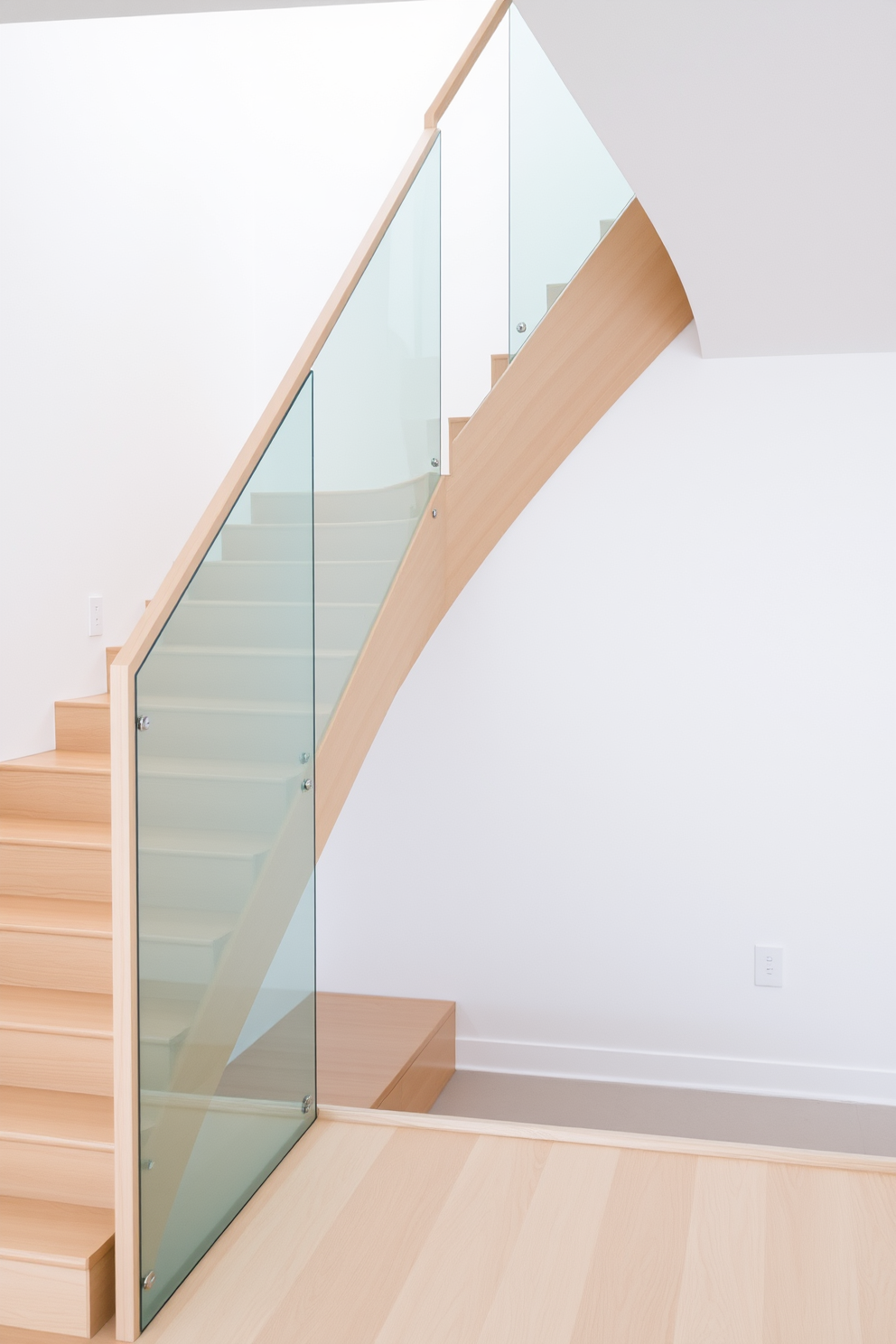 A minimalist staircase design featuring sleek glass panels on either side. The staircase is made of light wood with clean lines, creating an airy and open feel in the space. The walls are painted in a soft white, enhancing the brightness of the area. Underneath the staircase, there is a small storage nook that blends seamlessly with the overall design.