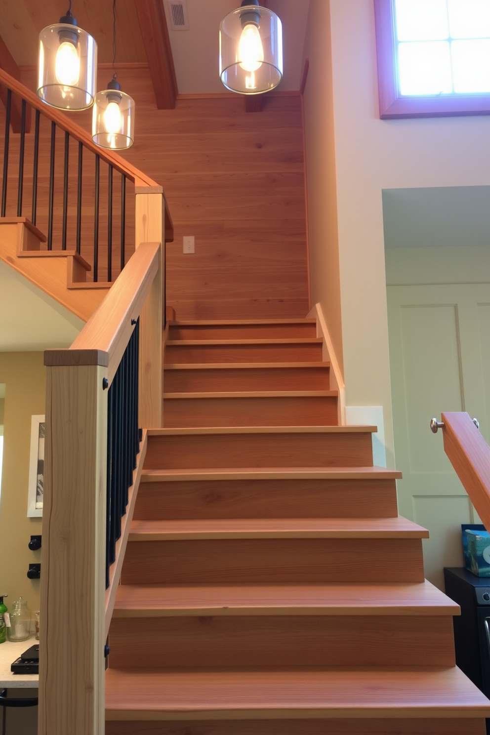 A rustic wooden staircase features sturdy handrails crafted from reclaimed wood. The steps are wide and inviting, showcasing a natural finish that complements the surrounding decor. The staircase is illuminated by warm pendant lights hanging from the ceiling. Textured wall panels in a soft neutral tone enhance the cozy atmosphere of the space.