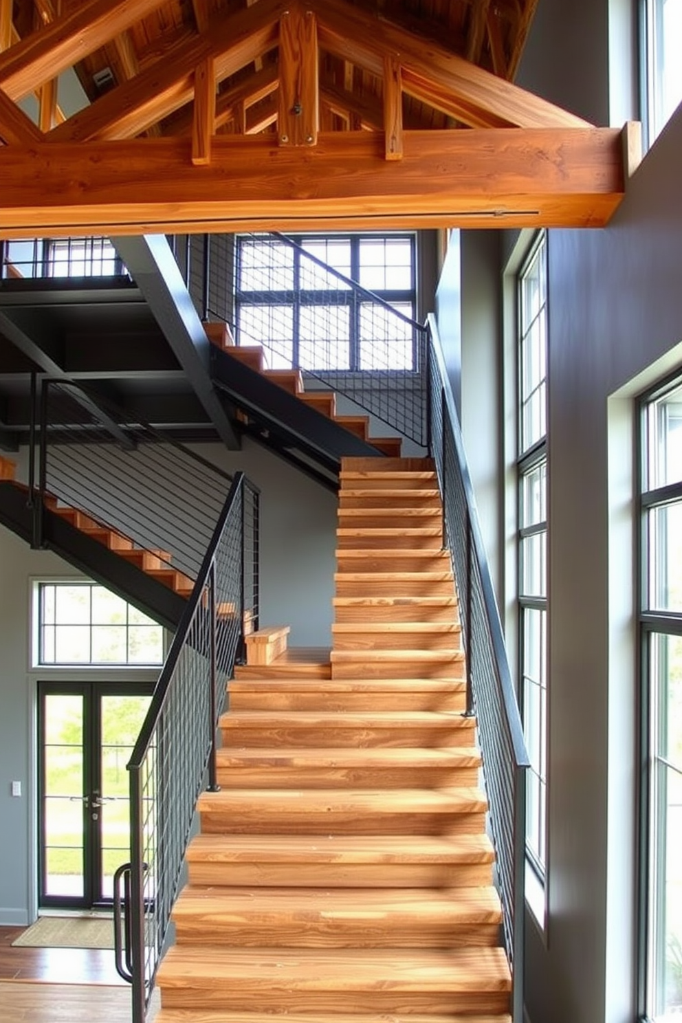 An industrial style staircase featuring exposed wooden beams and metal railings creates a striking focal point in the space. The steps are crafted from reclaimed wood, showcasing natural imperfections that add character and warmth. The surrounding walls are painted in a soft gray, enhancing the raw aesthetic of the staircase. Large windows allow natural light to flood the area, highlighting the textures of the wood and metal.