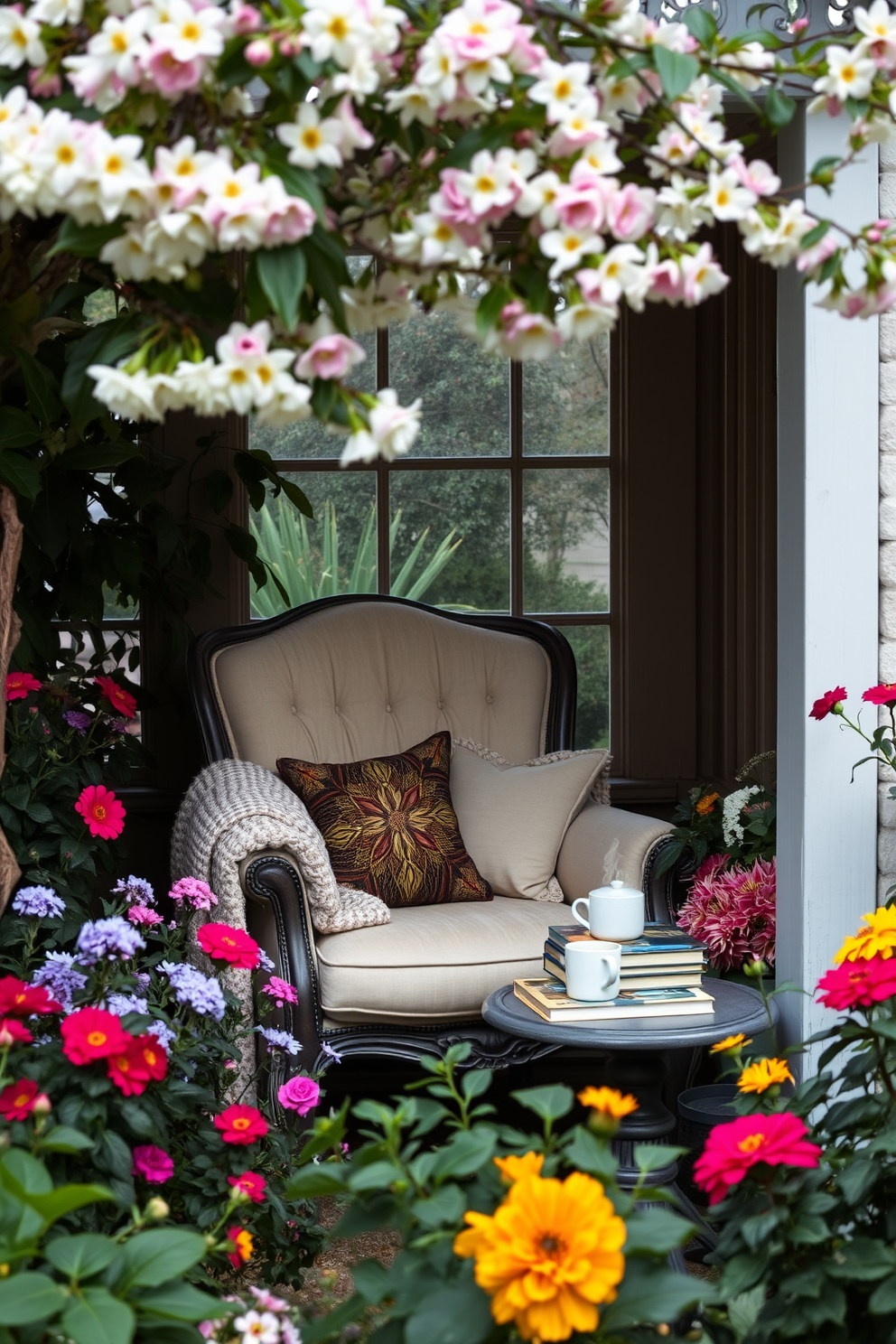 A cozy reading nook nestled beneath flowering trees creates a serene escape. Soft cushions and a plush throw blanket adorn a vintage armchair, inviting relaxation and quiet reading. Surrounding the nook, vibrant blooms add color and life to the space. A small side table holds a stack of books and a steaming cup of tea, enhancing the tranquil atmosphere of the garden home library.