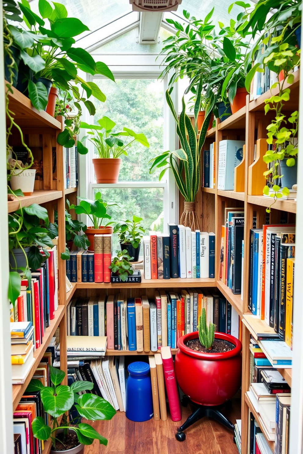 A cozy mini greenhouse serves as a home library filled with an eclectic collection of books and vibrant greenery. Shelves made of reclaimed wood line the walls, adorned with potted plants and decorative bookends, creating a serene reading nook.