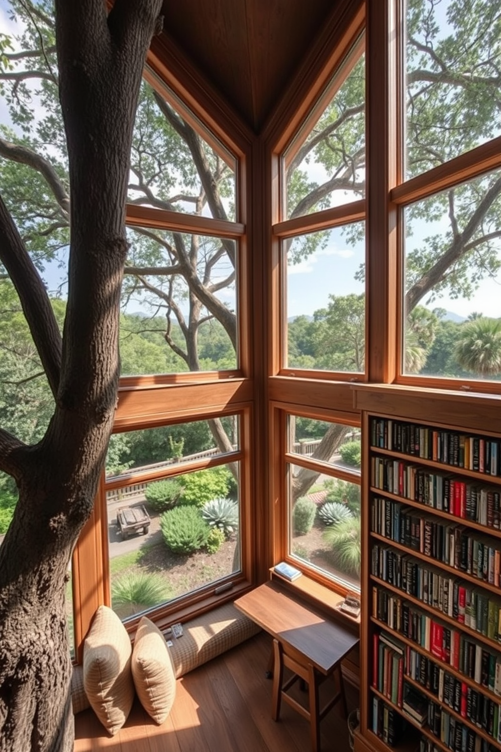 A cozy treehouse library nestled among the branches of tall trees. Large windows provide panoramic views of the surrounding garden, allowing natural light to flood the space. The interior features wooden shelves filled with books, and a comfortable reading nook with plush cushions. A small wooden desk sits by the window, perfect for writing or studying while enjoying the serene landscape.