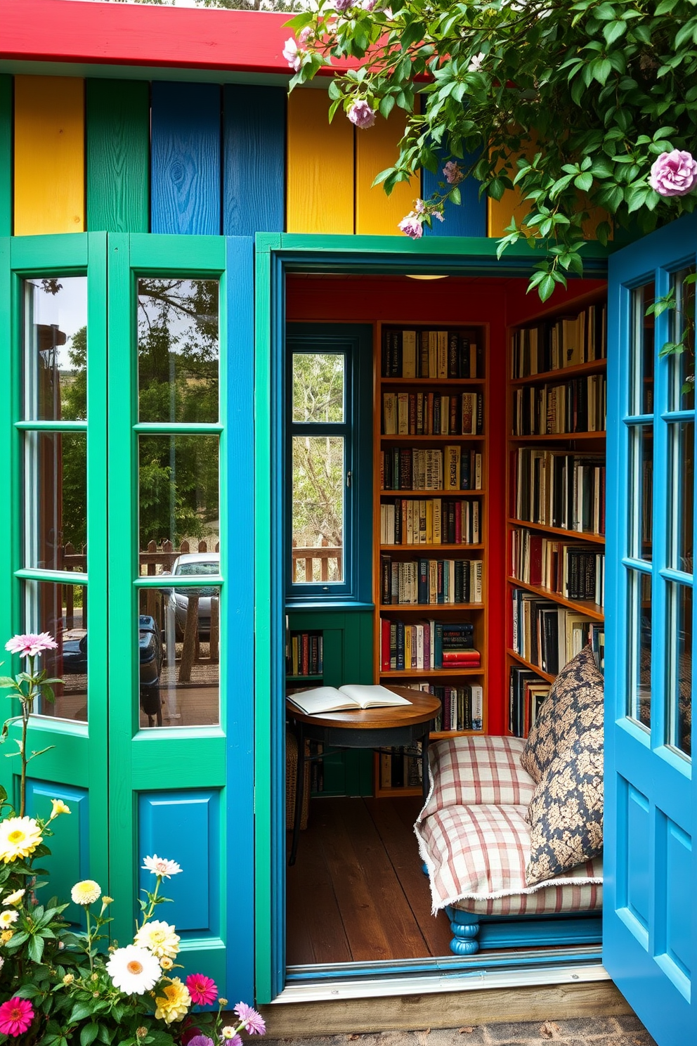 A colorful garden shed designed as a cozy retreat for book lovers. The exterior features vibrant painted wood with large windows for natural light, surrounded by lush greenery and blooming flowers. Inside, the shed is transformed into a charming home library with bookshelves lining the walls. A comfortable reading nook with plush cushions and a small table is placed by the window, inviting relaxation and literary exploration.