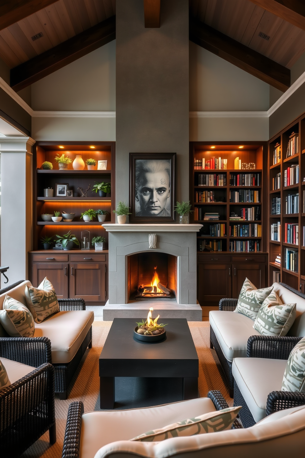 An inviting outdoor fireplace is surrounded by comfortable seating, creating a warm and cozy atmosphere for gatherings. The area is enhanced by built-in shelves that display an array of plants and decorative items, adding charm and character. The home library features elegant wooden bookshelves filled with a curated collection of books, providing a serene retreat for reading. Soft lighting and plush seating create a tranquil environment, perfect for enjoying a quiet moment or diving into a new novel.