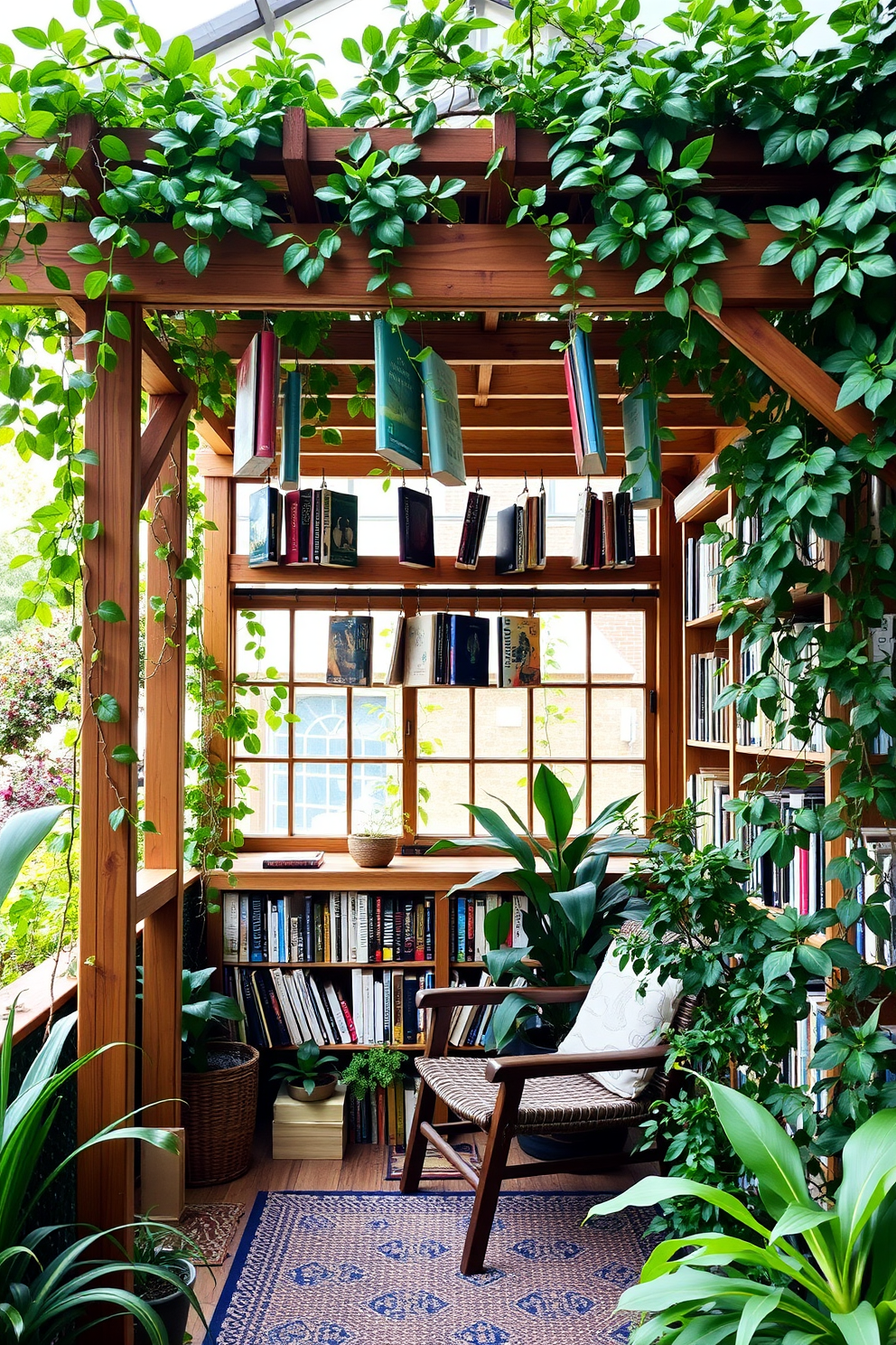 A cozy garden home library featuring a wooden trellis adorned with hanging books and lush green plants. The space is filled with natural light, creating an inviting atmosphere for reading and relaxation.