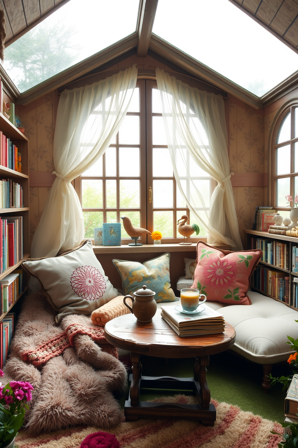 A whimsical fairy-tale cottage for reading features a cozy nook with oversized cushions and a plush throw blanket. The walls are adorned with bookshelves filled with colorful storybooks and whimsical decor. Large windows allow natural light to flood the space, framed by sheer curtains that flutter gently in the breeze. A small wooden table holds a steaming cup of tea and a stack of beloved novels, inviting relaxation and daydreaming.