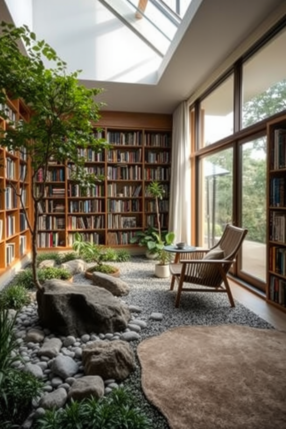 A serene zen garden features smooth pebbles and carefully placed rocks surrounded by lush greenery. A comfortable reading nook is nestled within the garden, offering a cozy chair and a small side table for books and tea. The home library is designed with natural light pouring in through large windows, illuminating the wooden bookshelves filled with an array of books. A soft rug lies beneath a reading chair, creating an inviting atmosphere for relaxation and contemplation.