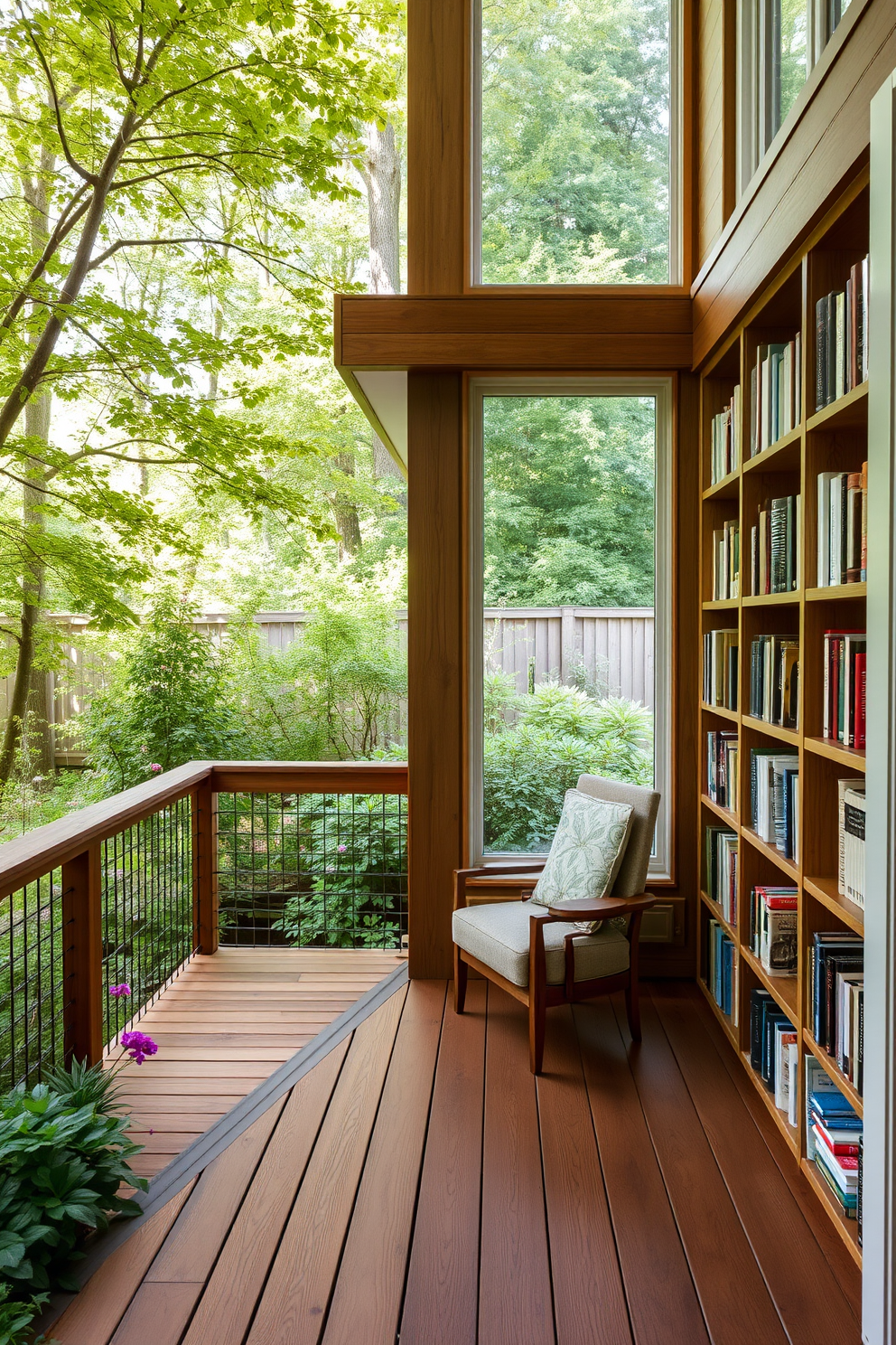 A reclaimed wood deck extends into a serene garden, surrounded by lush greenery and colorful flowers. Nestled on the deck is a cozy reading nook featuring a comfortable chair and a small side table filled with an assortment of books. The home library is designed with floor-to-ceiling shelves made from reclaimed wood, showcasing a curated collection of literature. Large windows allow natural light to flood the space, creating an inviting atmosphere perfect for reading and relaxation.