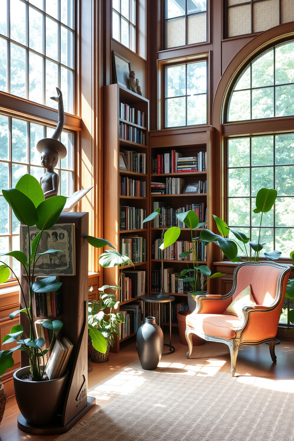 Artistic sculpture serving as a book holder. The library features a warm wood bookshelf with an eclectic mix of books and decorative items. Soft natural light filters through large windows, illuminating a cozy reading nook with a vintage armchair and a small side table. Lush green plants are strategically placed around the room to enhance the tranquil atmosphere.