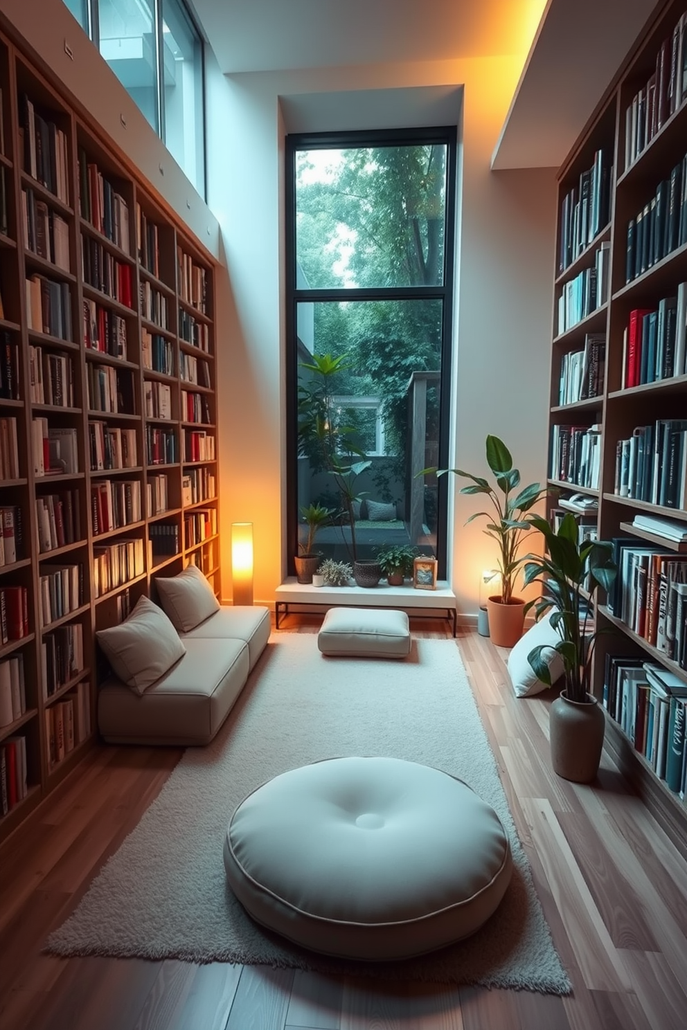 A tranquil meditation corner is designed with soft, ambient lighting and plush seating. Bookshelves filled with a variety of books line the walls, creating a cozy and inviting atmosphere. The space features a large window that allows natural light to filter in, enhancing the serene environment. A small indoor garden with potted plants adds a touch of nature, promoting relaxation and mindfulness.