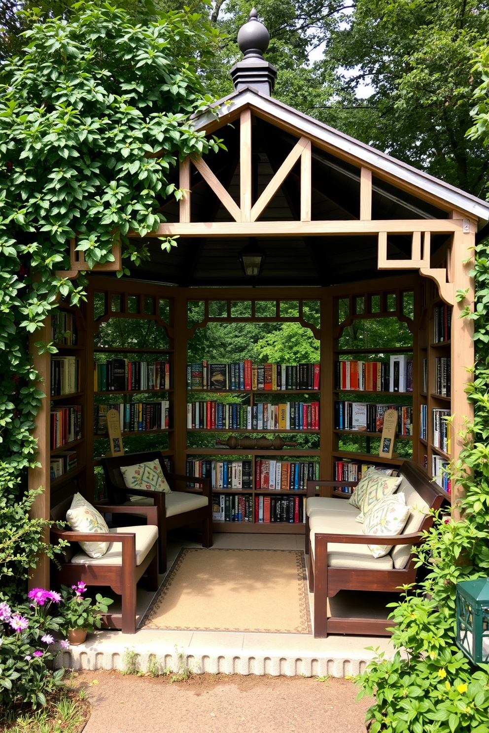 A charming gazebo surrounded by lush greenery features built-in bookshelves filled with an array of books. Cozy seating is arranged within the gazebo, inviting readers to enjoy the peaceful garden ambiance.