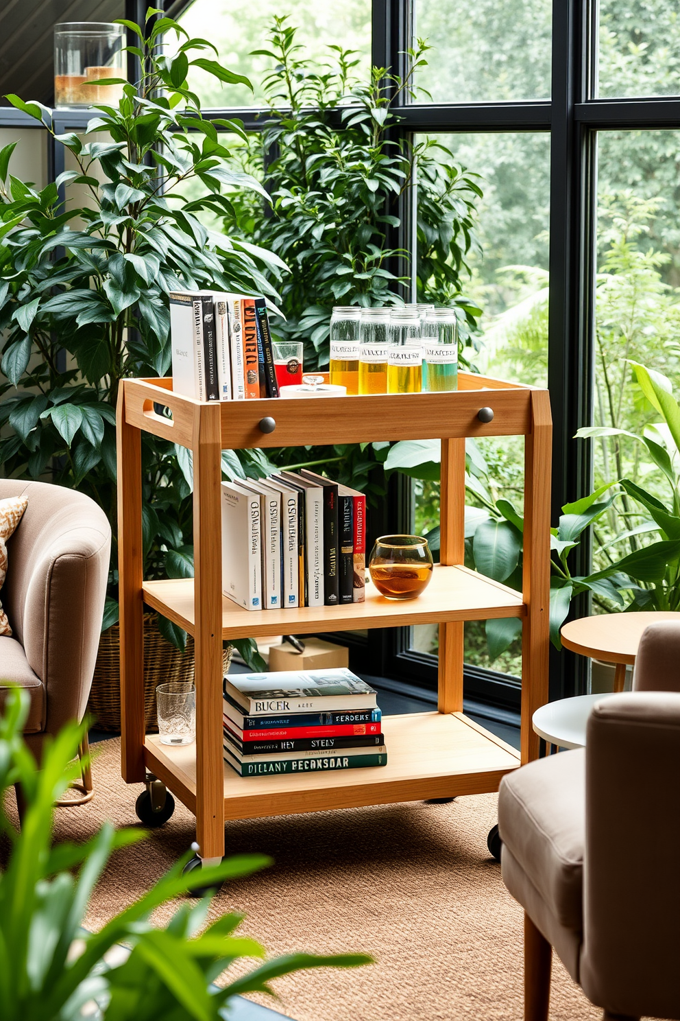 A portable cart designed for books and refreshments features a sleek wooden frame with two spacious shelves. The top shelf is adorned with a selection of well-curated books and a stylish tray holding various beverages. The cart is positioned in a cozy garden home library, surrounded by lush greenery and natural light. Comfortable seating options, such as plush armchairs and a small table, create an inviting reading nook.