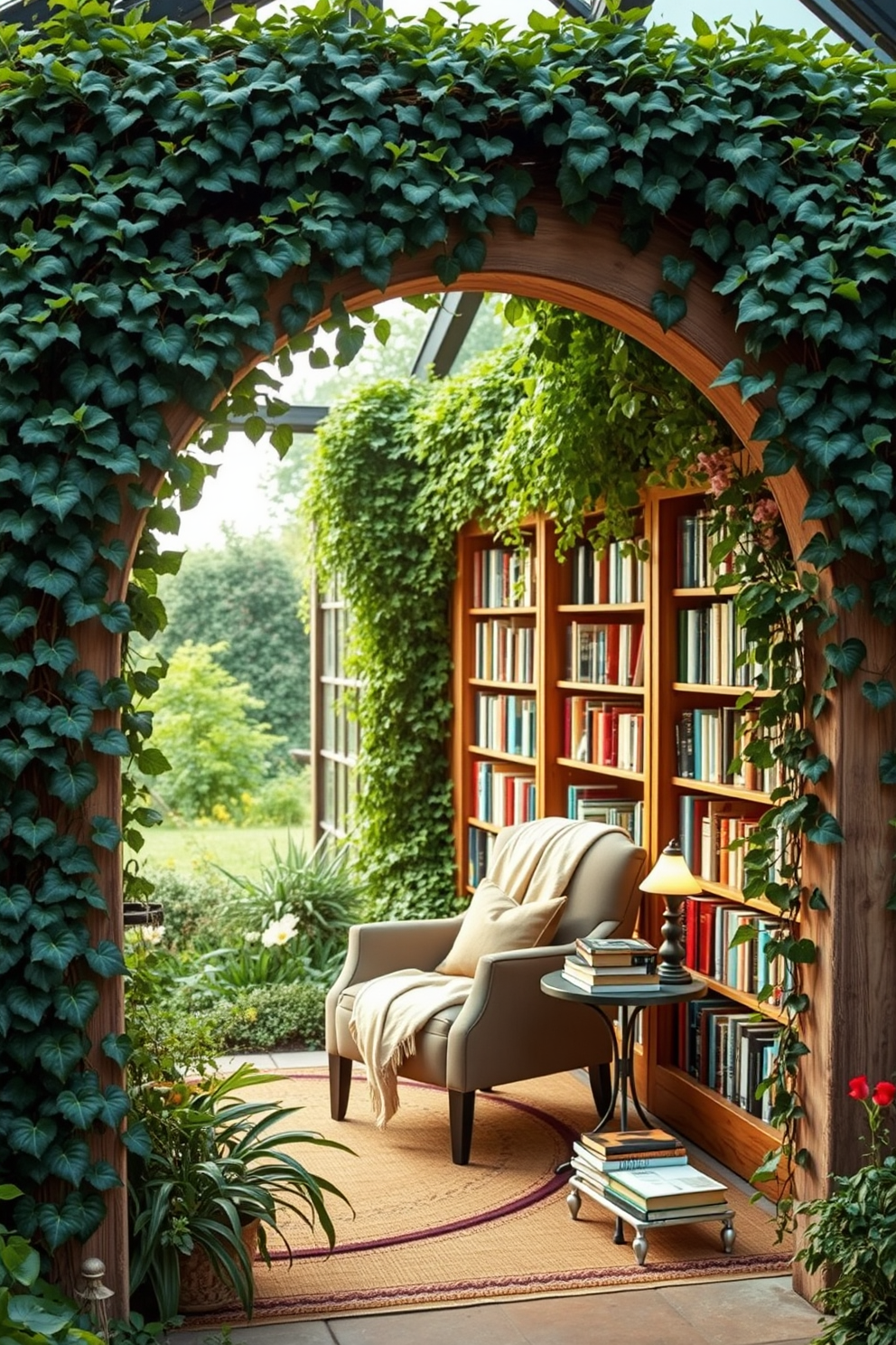 A charming garden archway covered in climbing vines leads to a cozy reading area nestled among lush greenery. The space features a comfortable armchair with a soft throw blanket, a small side table holding a stack of books, and warm ambient lighting for a perfect reading nook. The garden home library is designed with built-in shelves filled with books, showcasing a variety of genres. Large windows allow natural light to flood the room, creating an inviting atmosphere with a blend of rustic wooden elements and modern decor.