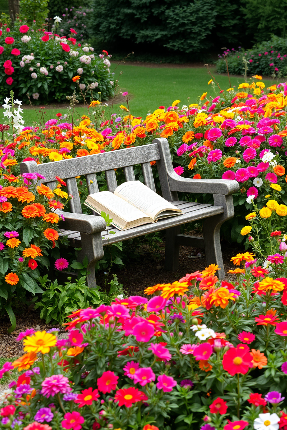 Lush flower beds overflowing with vibrant blooms surround a cozy reading bench nestled in a serene garden. The bench is crafted from weathered wood, inviting readers to sit and enjoy the tranquility of nature while immersed in their favorite books.