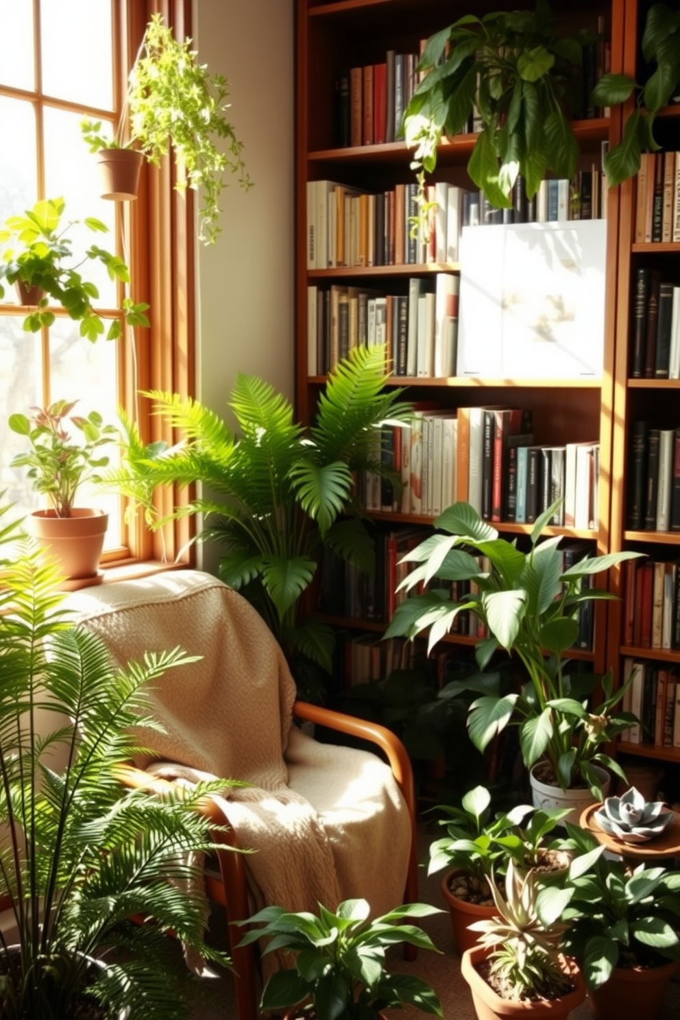 A cozy chair is nestled in a sunlit corner of a home library, surrounded by an array of lush potted plants that add a touch of nature to the space. The shelves are filled with books of varying sizes, and a soft throw blanket is draped over the chair, inviting relaxation and reading. The plants vary in height and type, creating a vibrant and inviting atmosphere. Large leafy ferns and smaller succulents are strategically placed to enhance the warmth of the wooden bookshelves and the soft lighting of the room.