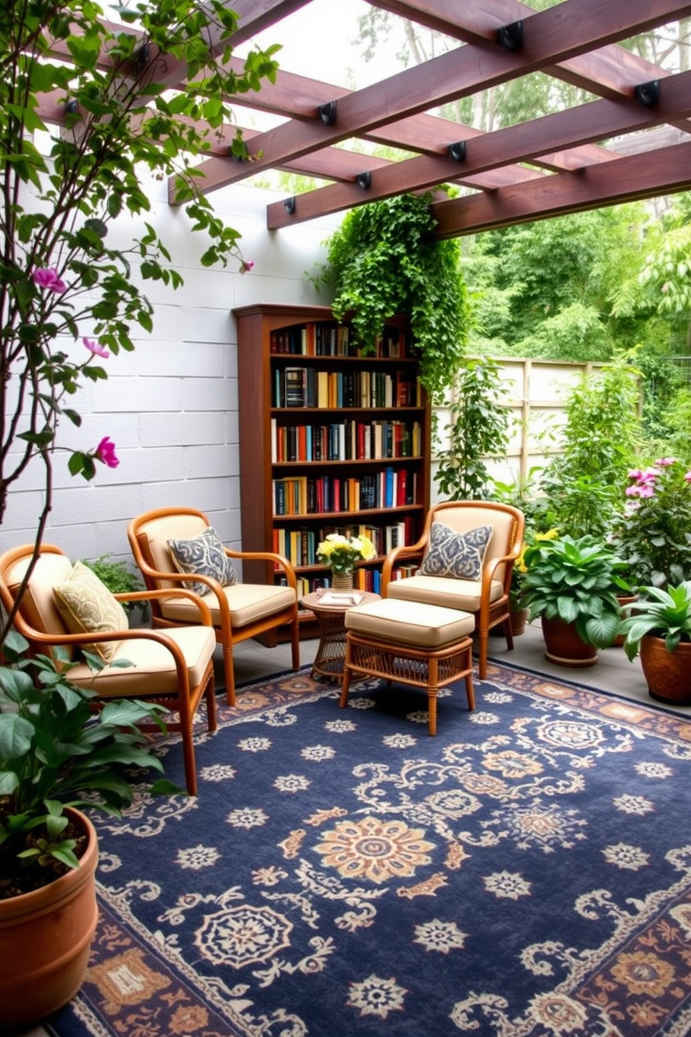 A cozy outdoor library space featuring a large, patterned rug that defines the reading area. Surrounding the rug are comfortable chairs and a wooden bookshelf filled with books, nestled among lush greenery and flowering plants.