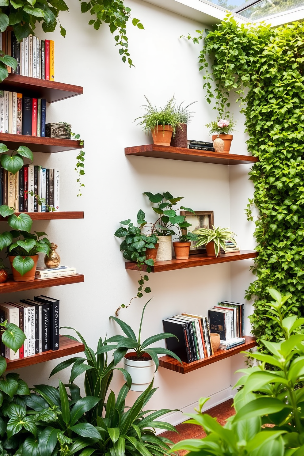 Floating shelves on garden walls create a serene and inviting atmosphere for a home library. Lush greenery surrounds the shelves, with books elegantly arranged alongside potted plants and decorative items.