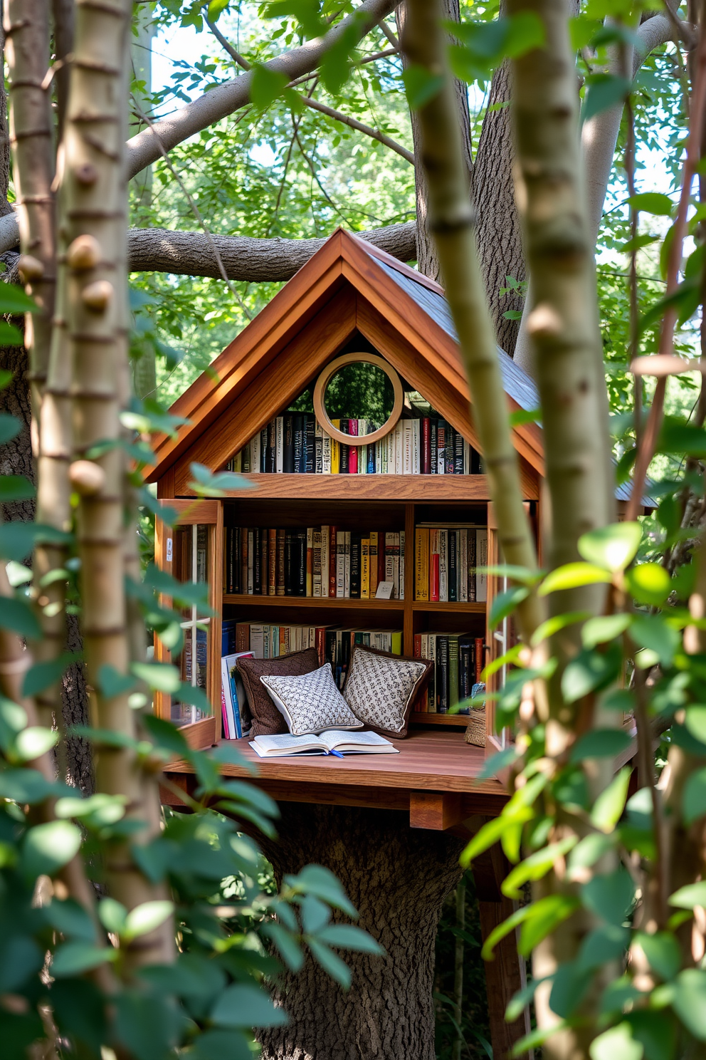 A charming birdhouse library nestled among the trees creates a whimsical reading retreat. The structure features a wooden exterior with a sloped roof, blending seamlessly with the surrounding foliage. Inside, shelves are filled with an array of books, and cozy seating is arranged to invite relaxation. Soft natural light filters through the windows, enhancing the tranquil atmosphere of this garden home library.