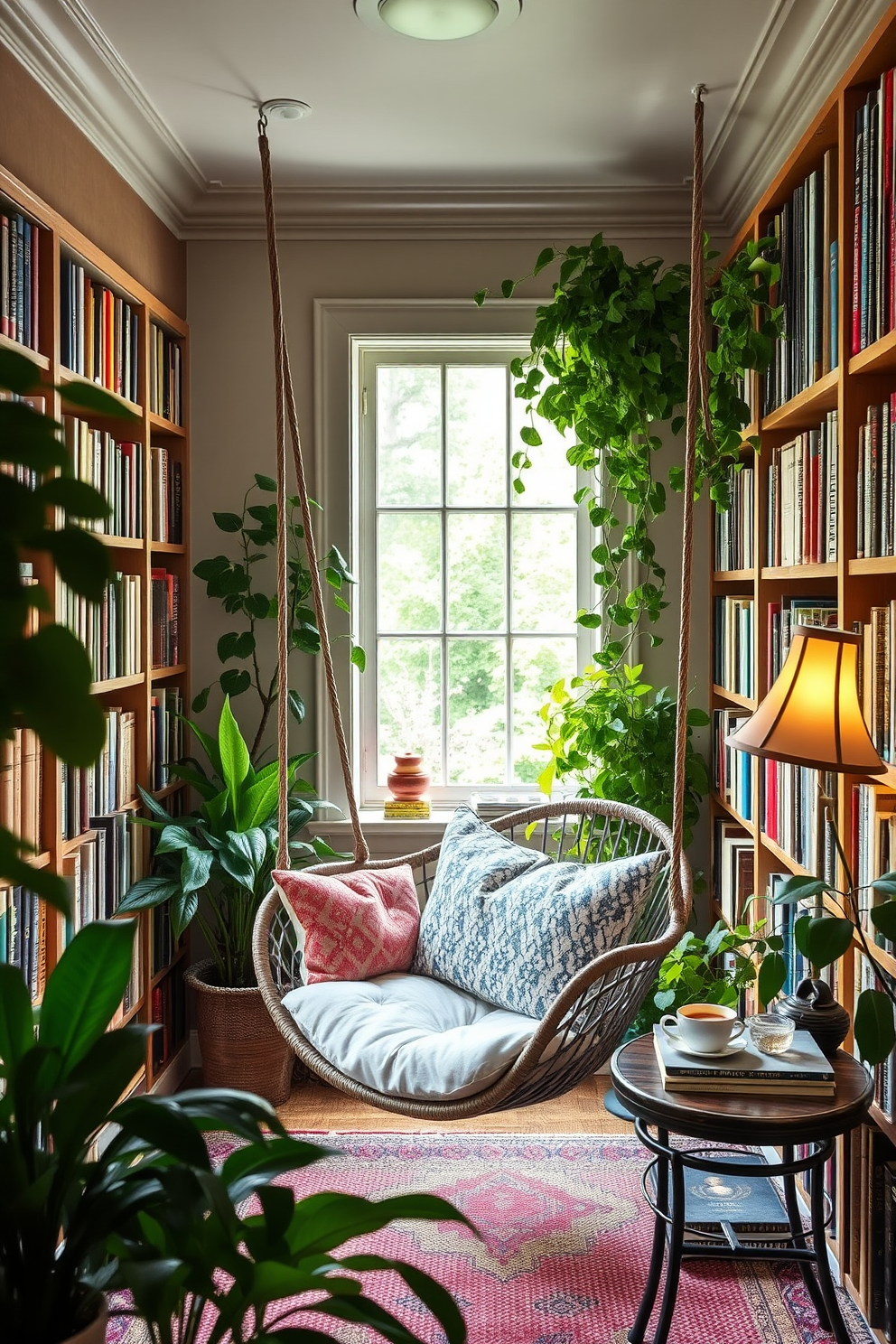 A cozy garden home library features a cushioned swing chair nestled in a corner, surrounded by lush greenery and soft natural light. The walls are lined with bookshelves filled with an eclectic collection of books, while a small side table holds a steaming cup of tea and a reading lamp for added comfort.