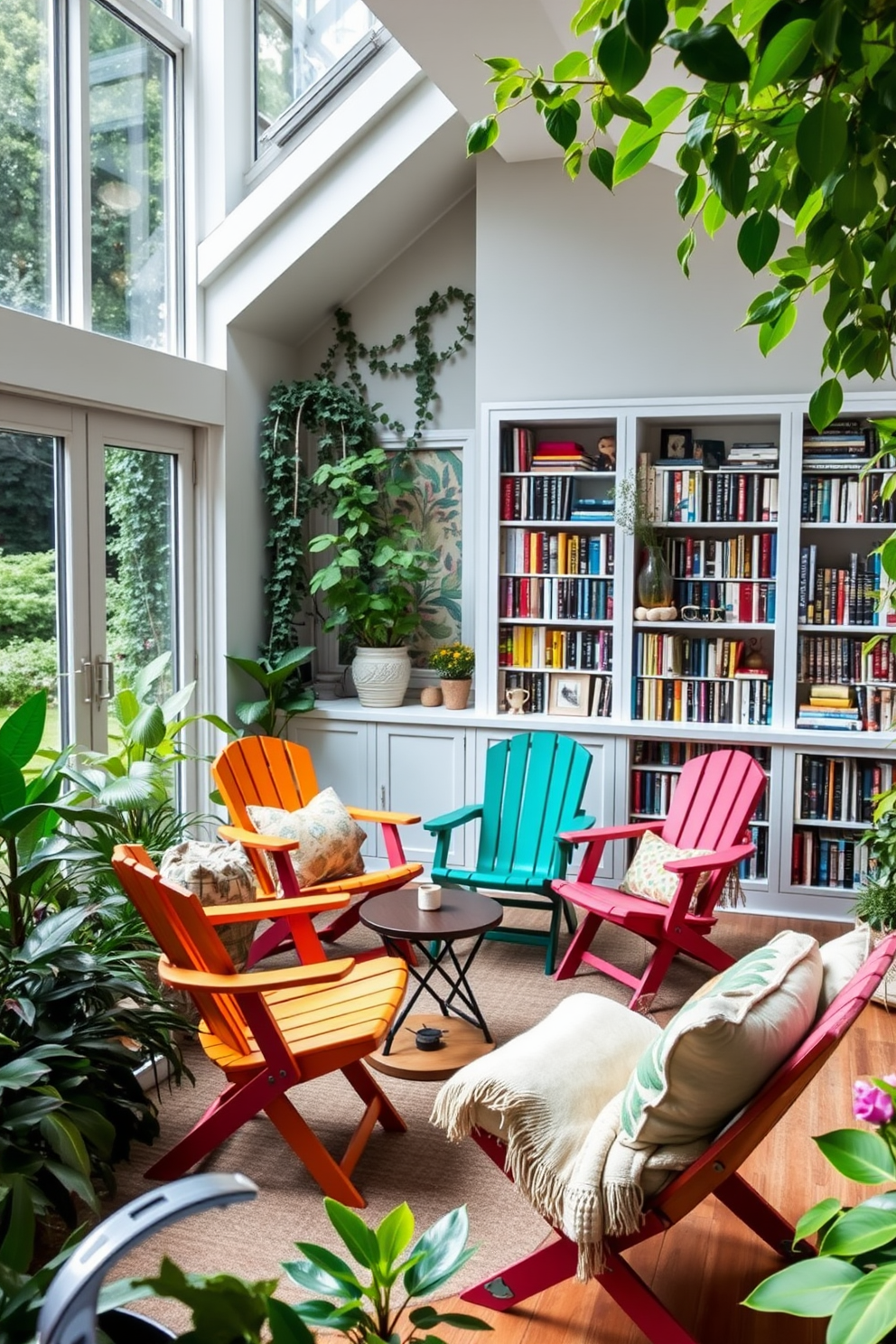 Colorful folding chairs are arranged around small side tables, creating a vibrant and inviting atmosphere. The space is filled with natural light from large windows, and lush greenery surrounds the area, enhancing the garden feel. The home library features built-in bookshelves filled with an eclectic mix of books and decorative items. Cozy reading nooks are created with plush cushions and throws, inviting relaxation and enjoyment of literature amidst the garden setting.