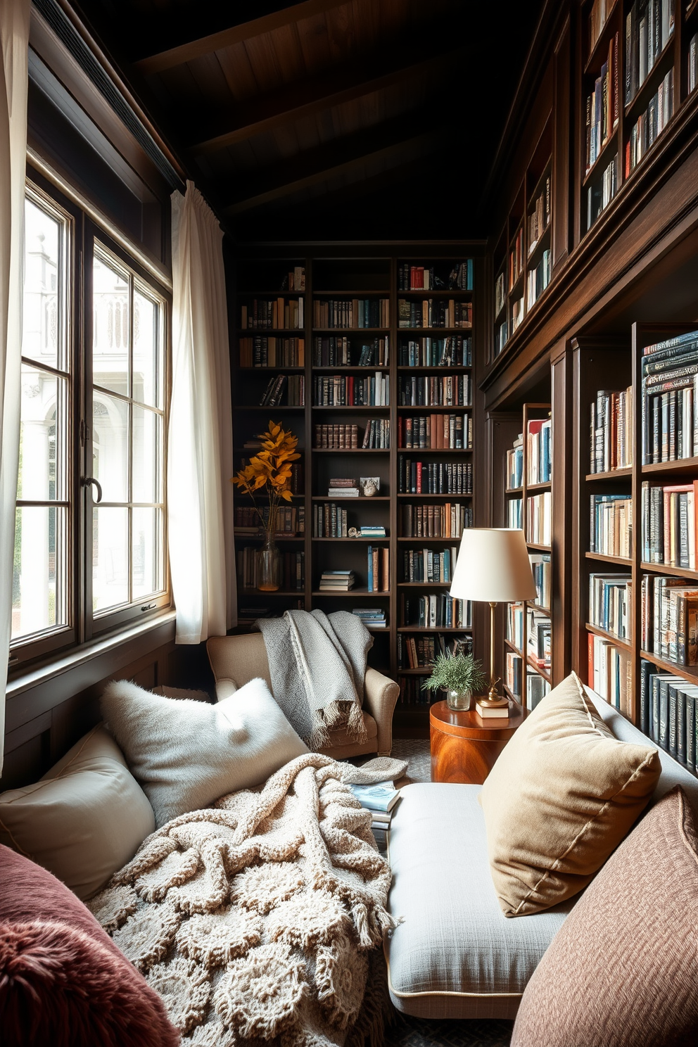 A cozy seasonal reading nook filled with plush cushions and a soft throw blanket. Natural light pours in through a large window adorned with sheer curtains, creating a warm and inviting atmosphere. The decor changes with the seasons, featuring autumn leaves in a vase and a winter-themed throw. A small bookshelf is nestled in the corner, showcasing a curated selection of books and decorative items. A serene garden home library with floor-to-ceiling bookshelves made of dark wood. Comfortable seating areas are arranged throughout, with reading lamps providing soft illumination for quiet moments.