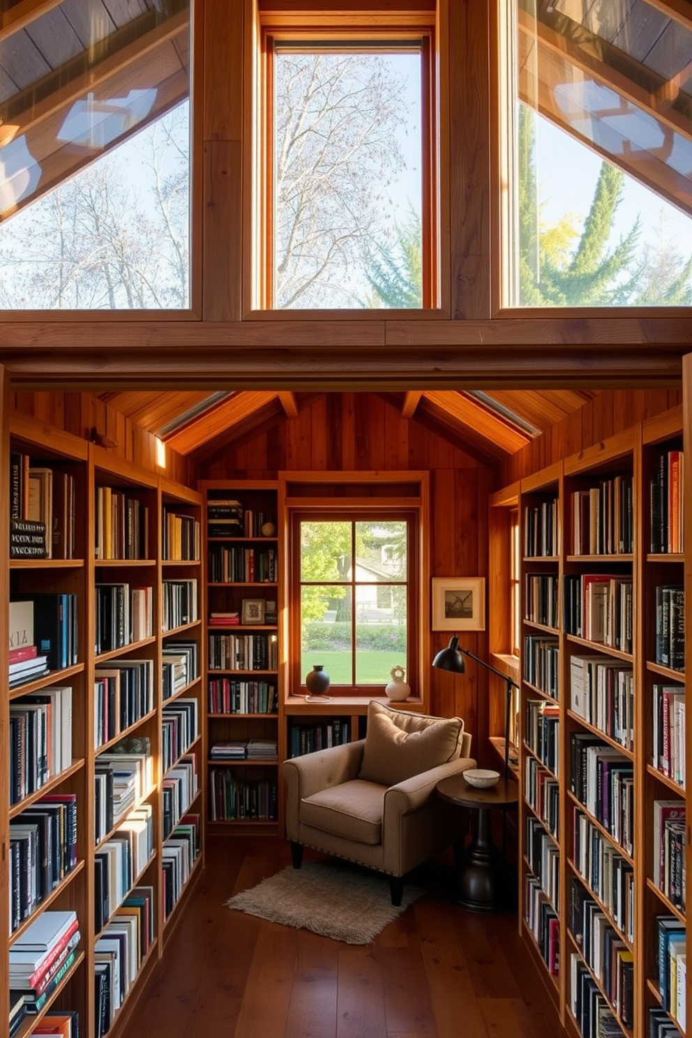 A rustic wooden shed has been transformed into a cozy home library filled with warm natural light. Inside, there are floor-to-ceiling bookshelves made from reclaimed wood, showcasing a collection of books and personal artifacts. The space features a comfortable reading nook with a plush armchair and a small side table. Large windows allow views of the surrounding garden, creating a serene and inviting atmosphere for reading and relaxation.