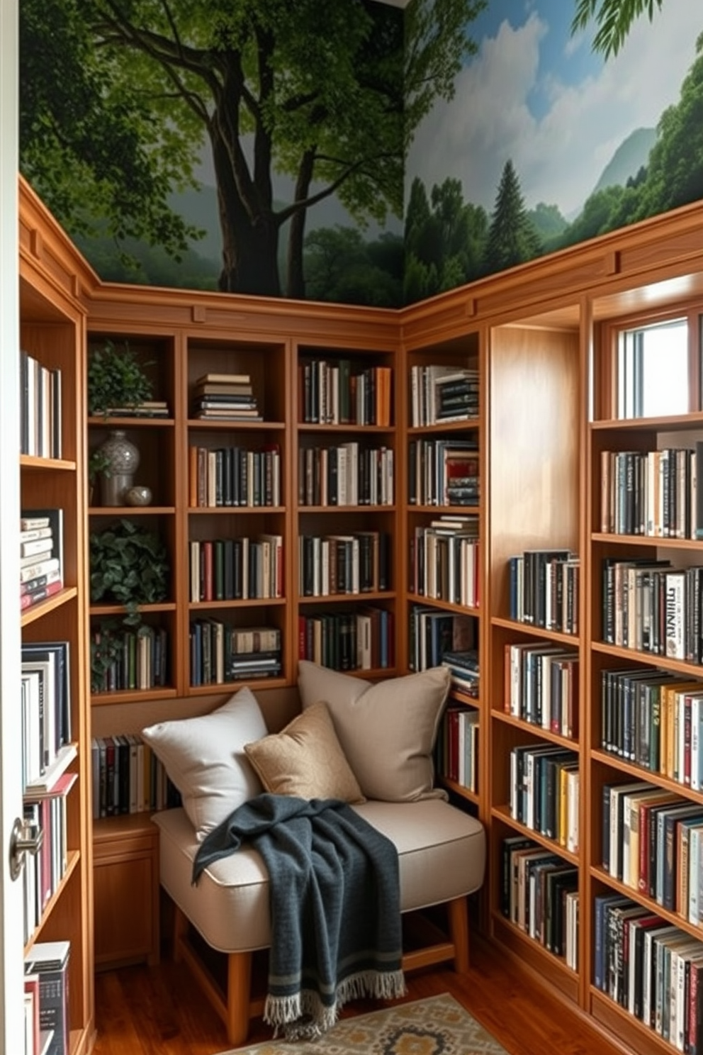 A cozy home library featuring a nature-inspired mural as a backdrop. The mural showcases lush greenery and serene landscapes, creating a calming atmosphere for reading and relaxation. The library is filled with wooden bookshelves that reach the ceiling, lined with an array of books. A comfortable reading nook is positioned near a window, adorned with plush cushions and a soft throw blanket.