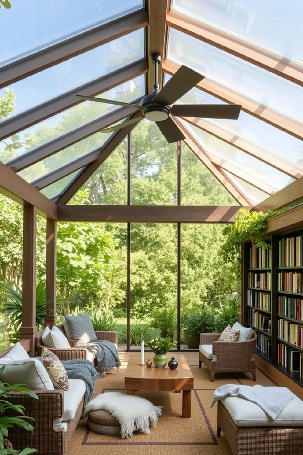 Open-air pavilion featuring comfortable seating arrangements with plush cushions and soft throws. The structure is surrounded by lush greenery and is designed to blend seamlessly with the natural landscape. A cozy garden home library with floor-to-ceiling bookshelves filled with a diverse collection of books. Large windows allow natural light to flood the space, creating an inviting atmosphere for reading and relaxation.