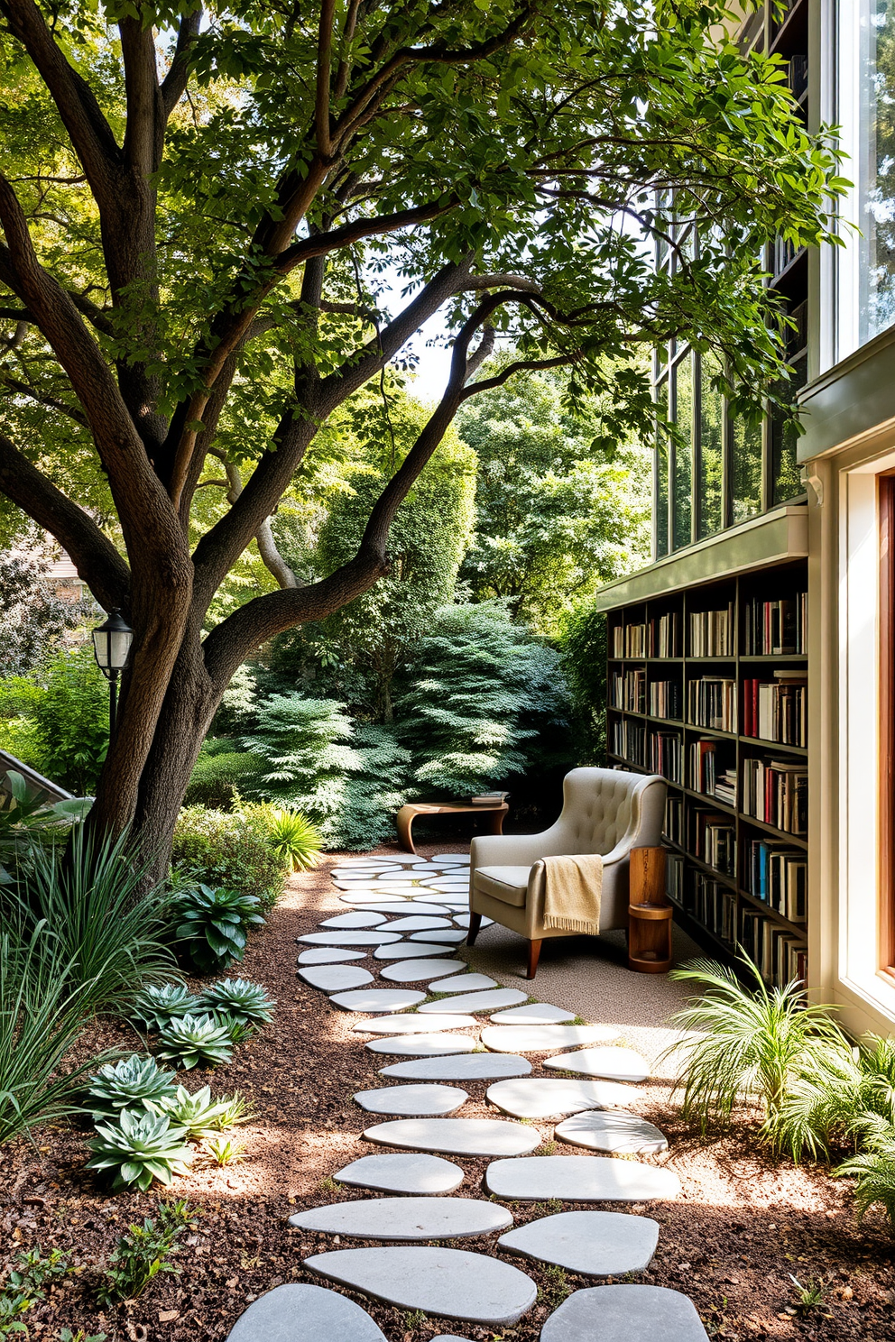 A winding garden path made of smooth stones leads to a secluded reading spot surrounded by lush greenery. A comfortable chair with soft cushions sits beneath the shade of a large tree, inviting relaxation and quiet contemplation. The home library features floor-to-ceiling bookshelves filled with an eclectic collection of books. A cozy reading nook with a plush armchair and a warm throw blanket is positioned near a large window, allowing natural light to flood the space.