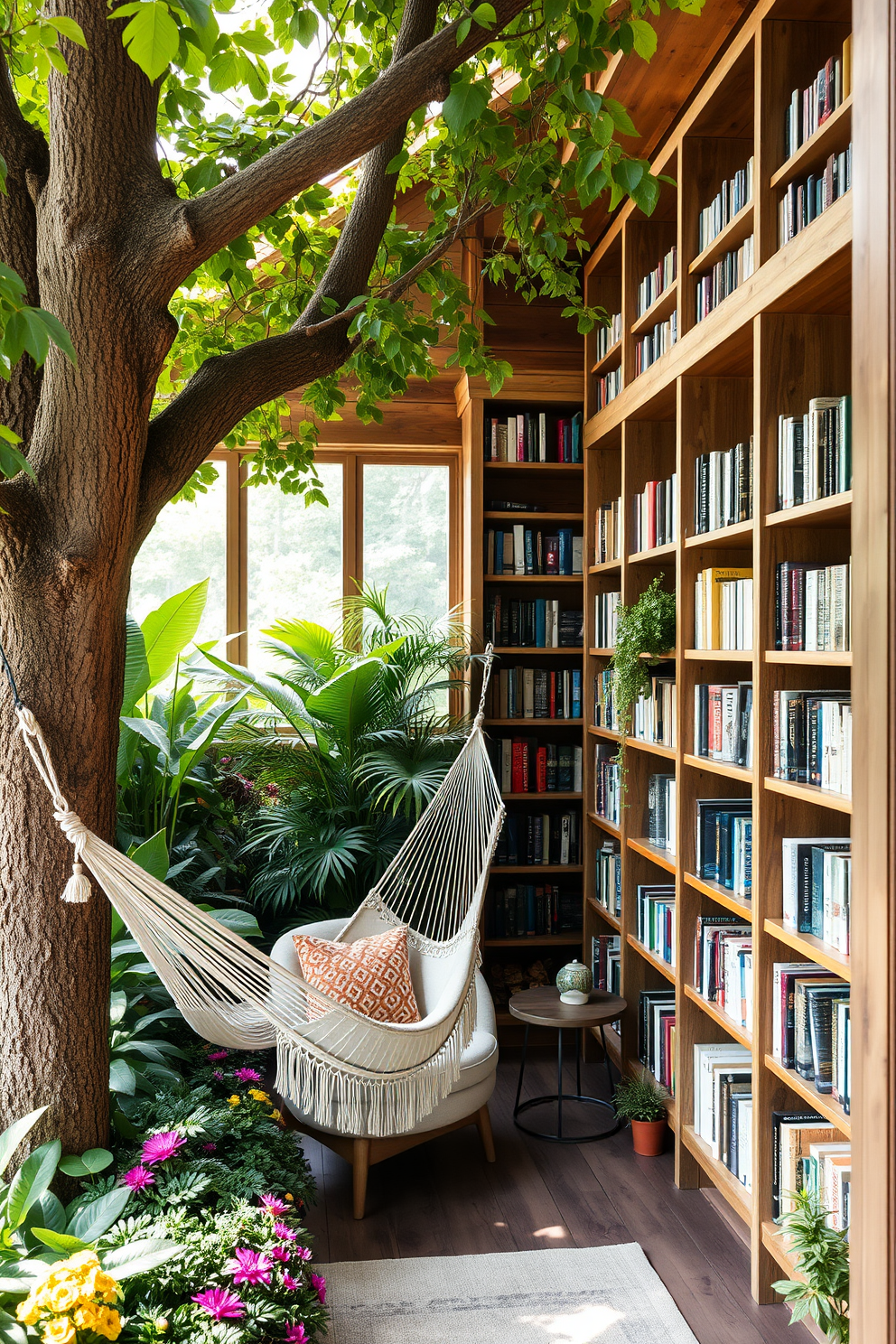 A tranquil hammock area nestled among lush greenery. The space features a comfortable hammock strung between two sturdy trees, with vibrant plants and flowers surrounding it. A cozy garden home library filled with natural light. The design includes floor-to-ceiling bookshelves made of reclaimed wood, with a reading nook featuring a plush armchair and a small side table.