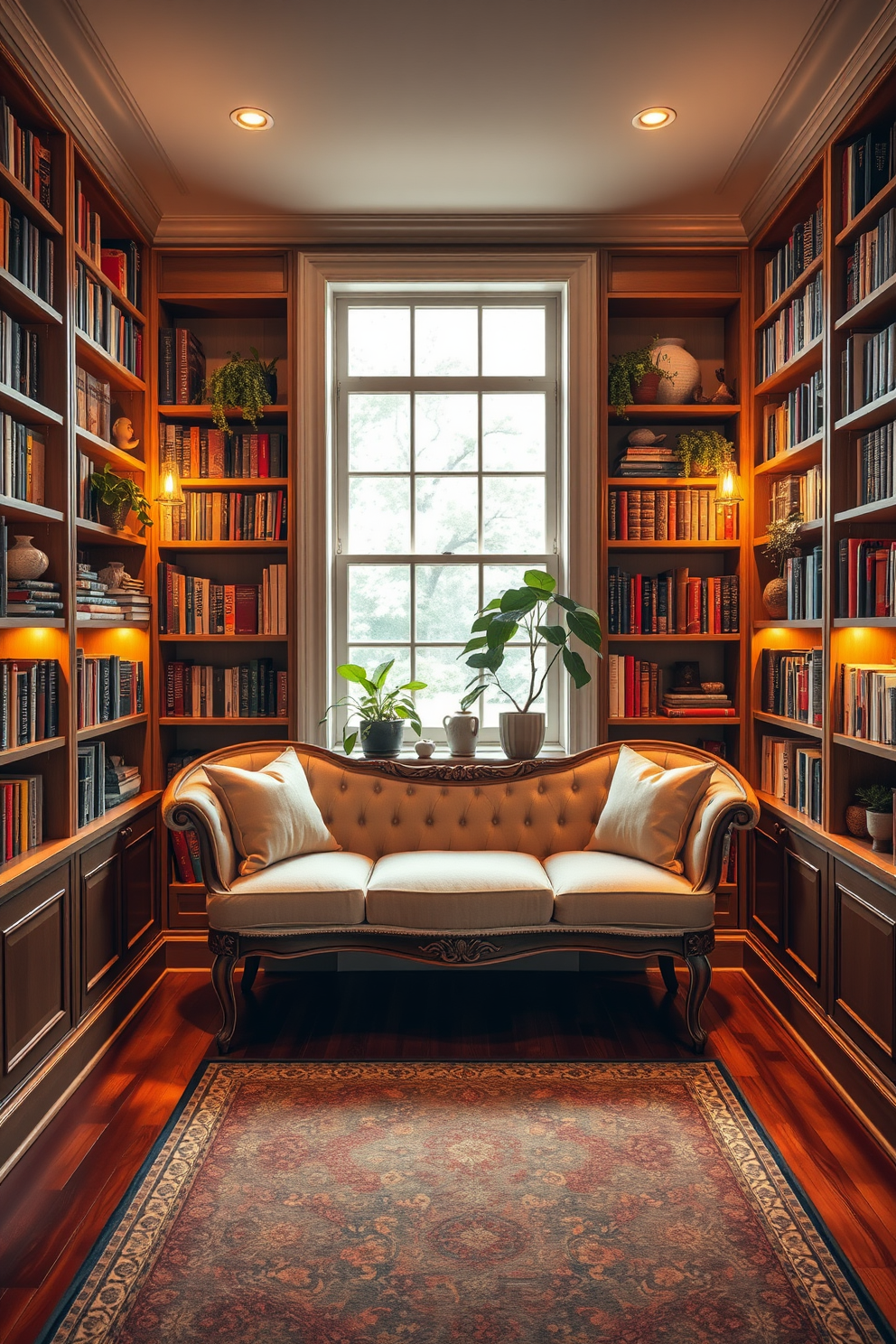 A vintage bench with elegant curves sits against the wall, featuring plush cushions in a soft fabric. On either side of the bench, built-in bookshelves are filled with an array of books, plants, and decorative items, creating a cozy and inviting atmosphere. The library is illuminated by warm lighting, with a large window allowing natural light to flood the space. Rich wooden flooring complements the vintage aesthetic, while a patterned rug adds texture and warmth underfoot.