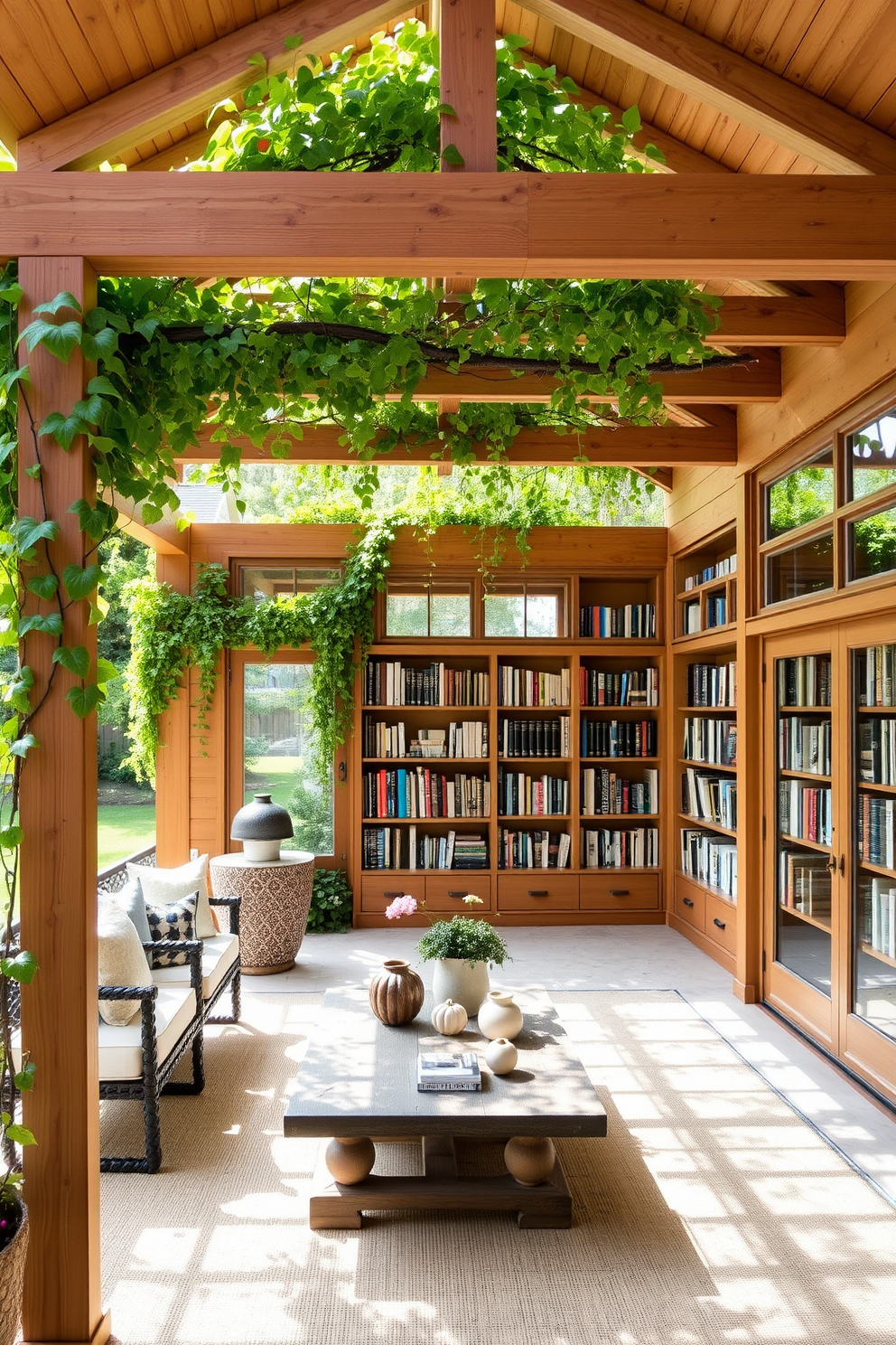 An elegant pergola adorned with lush climbing vines creates a serene outdoor space. The structure is complemented by a cozy seating area featuring comfortable cushions and a rustic coffee table. The garden home library is designed with floor-to-ceiling bookshelves filled with an eclectic collection of books. Large windows allow natural light to flood the space, enhancing the warm wood tones and inviting atmosphere.