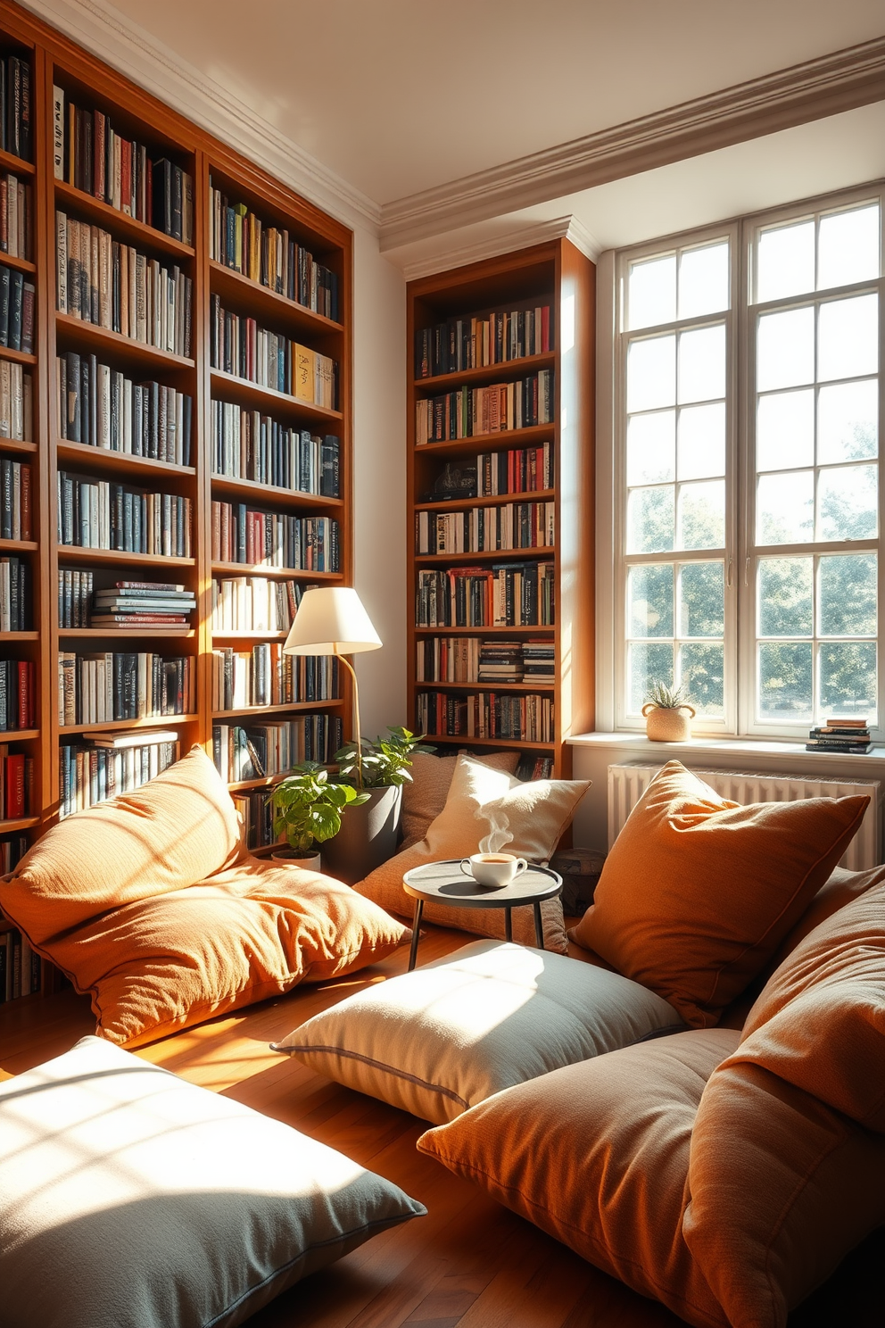 A sunlit corner features oversized cushions in various textures and colors, creating a cozy and inviting atmosphere. Tall bookshelves filled with books line the walls, while a large window allows natural light to flood the space, highlighting the warmth of the wooden flooring. A small side table holds a steaming cup of tea and a potted plant, adding a touch of greenery to the library. Soft, ambient lighting from a floor lamp enhances the serene environment, making it the perfect spot for reading or relaxation.