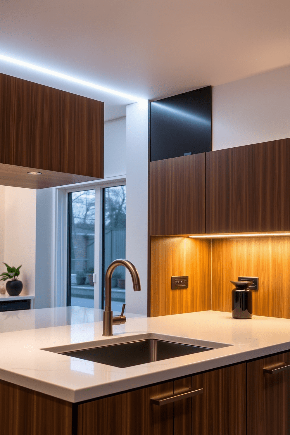 A sleek German kitchen featuring under-cabinet lighting that creates a warm and inviting ambiance. The cabinetry is a rich walnut finish with minimalist handles, and the countertops are a light quartz with subtle veining.