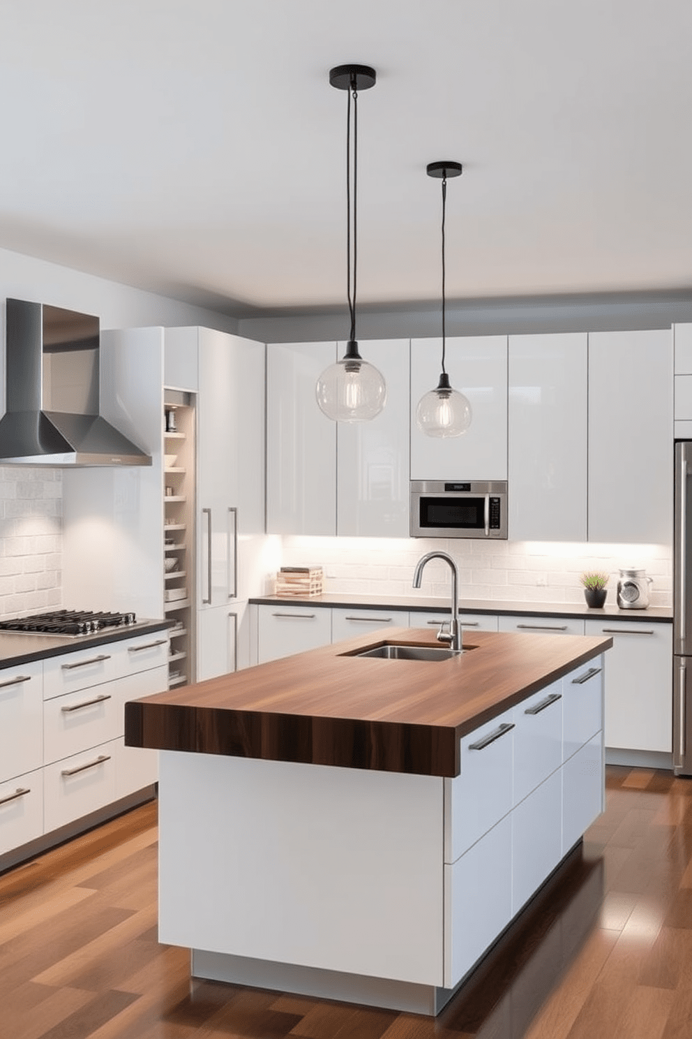 A sleek and modern kitchen featuring innovative pull-out pantry solutions that maximize storage space. The cabinetry is finished in a high-gloss white with integrated handles, and the pantry blends seamlessly into the overall design. The kitchen island boasts a contrasting dark wood countertop, providing a striking visual element. Stainless steel appliances complement the contemporary aesthetic, while stylish pendant lights hang above the island, creating a warm ambiance.