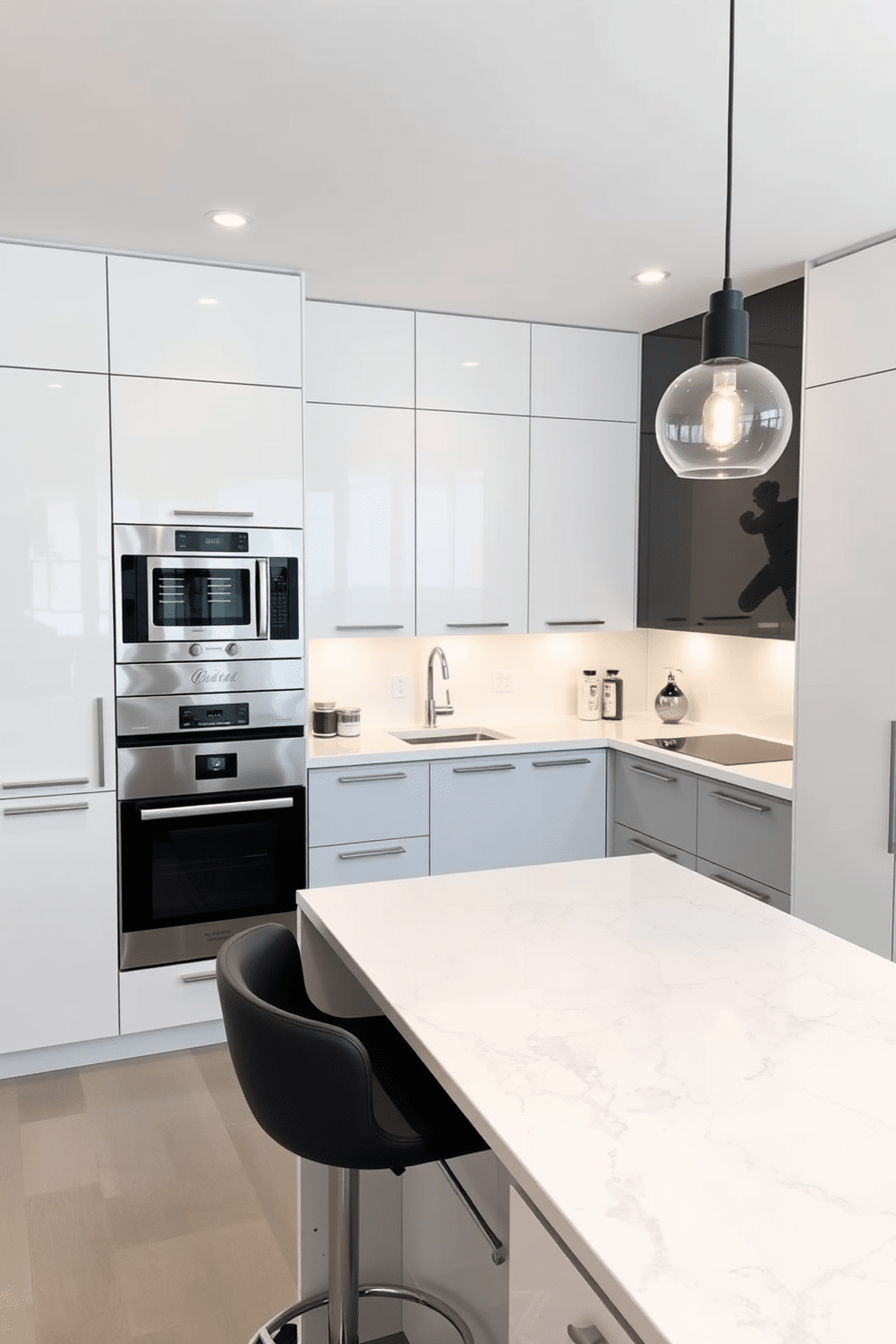 A sleek German kitchen design featuring contemporary fixtures and a minimalist aesthetic. The cabinetry is a high-gloss white with integrated handles, complemented by a large island with a quartz countertop and elegant bar stools. The appliances are stainless steel and seamlessly integrated into the cabinetry for a streamlined look. Pendant lights hang above the island, providing warm illumination and adding a stylish focal point to the space.