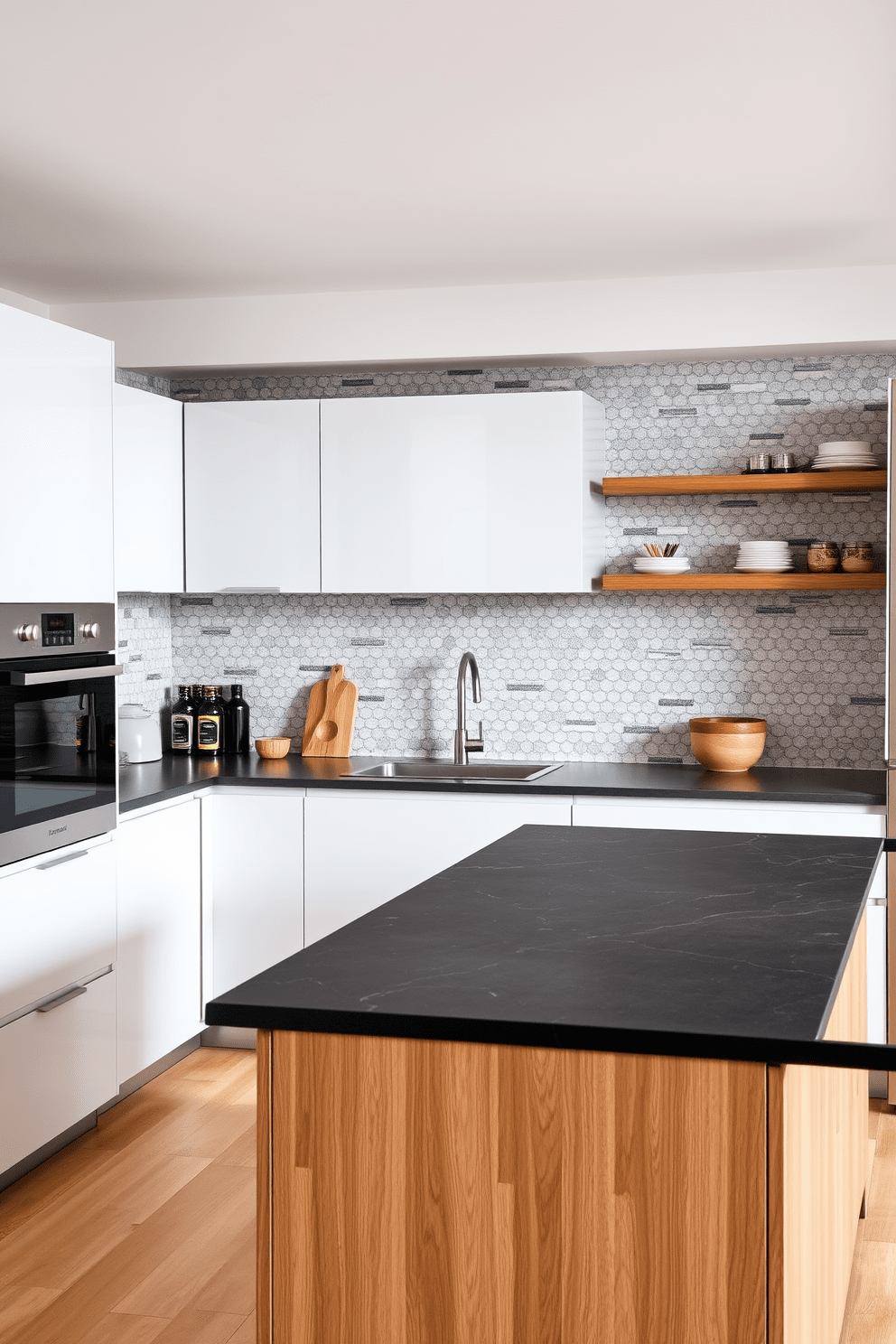 A modern kitchen featuring textured backsplashes that add depth and character to the space. The cabinetry is sleek and minimalist, with high-gloss finishes, while the backsplash showcases intricate tile patterns in shades of gray and white. The kitchen island is a central feature, topped with a contrasting dark stone surface. Stainless steel appliances and warm wooden accents complete the inviting atmosphere of this German kitchen design.