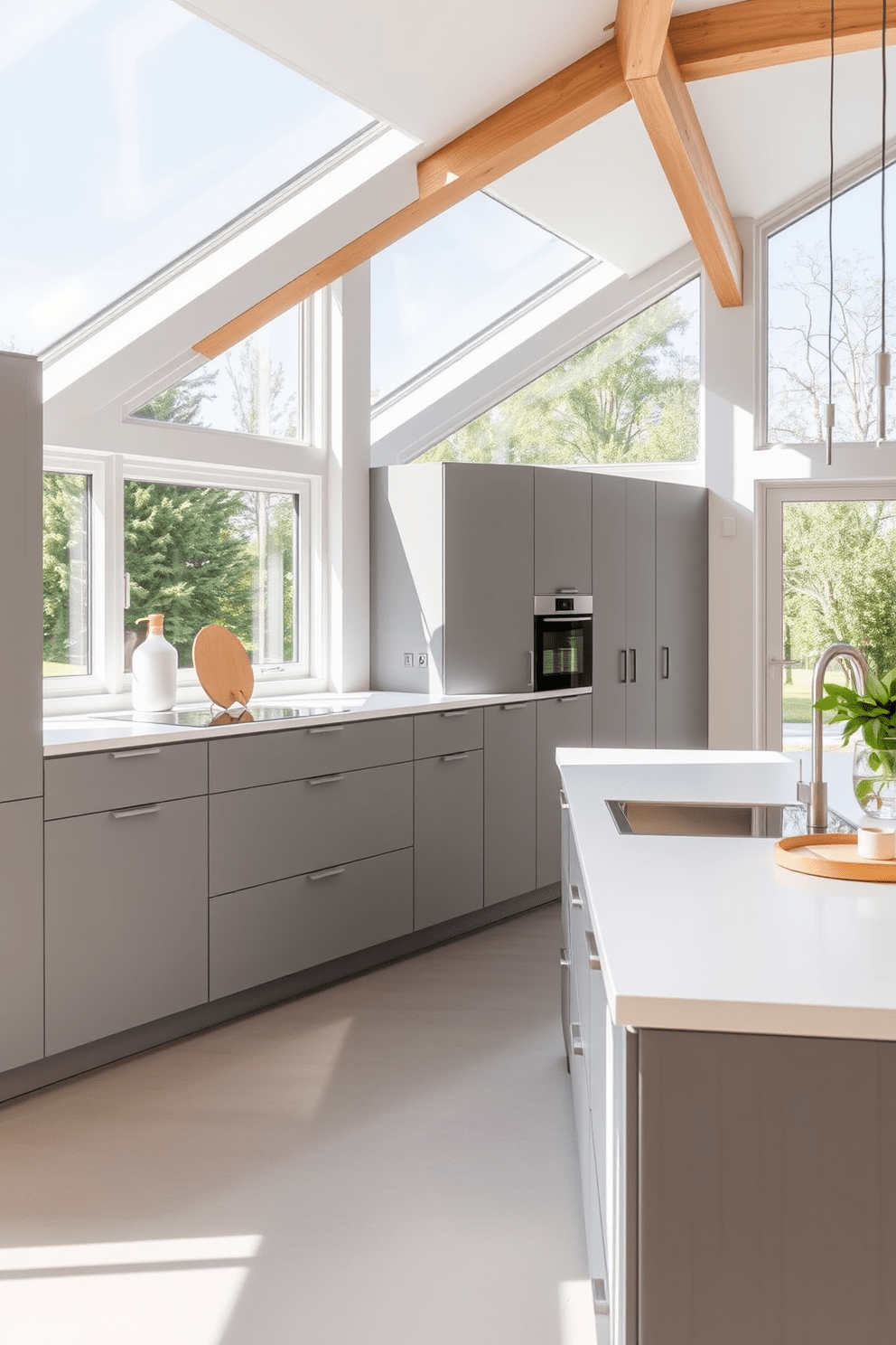 A German kitchen design with a neutral palette that emphasizes calmness and serenity. The cabinetry is sleek and minimalist, featuring a matte finish in soft gray tones, complemented by a subtle white quartz countertop. The kitchen island is spacious and functional, with integrated storage and a minimalist design. Natural light floods the space through large windows, highlighting the warm wood accents and creating an inviting atmosphere.