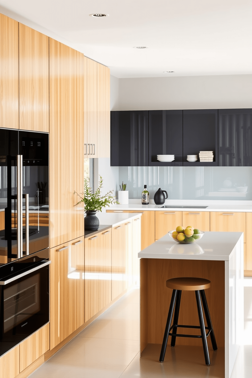 A modern kitchen featuring eco-friendly materials such as bamboo cabinetry and recycled glass countertops. The space is designed with energy-efficient appliances and ample natural light, creating an inviting atmosphere. A sleek German kitchen design showcasing minimalist aesthetics and functional layouts. The cabinetry is handleless with a high-gloss finish, complemented by an open-plan layout that encourages seamless interaction.