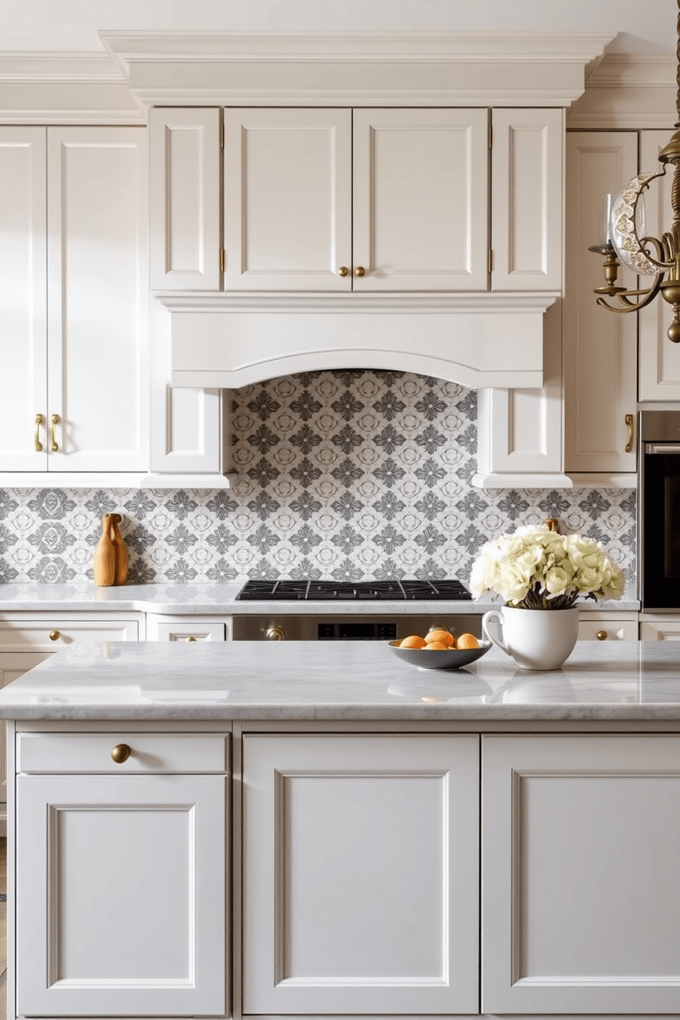 A German kitchen design featuring classic tile patterns that exude timeless appeal. The space includes sleek cabinetry in a soft white finish, complemented by elegant brass hardware. The backsplash showcases intricate ceramic tiles in a traditional pattern, adding a touch of sophistication. A large central island with a polished stone countertop provides ample workspace and seating for casual dining.