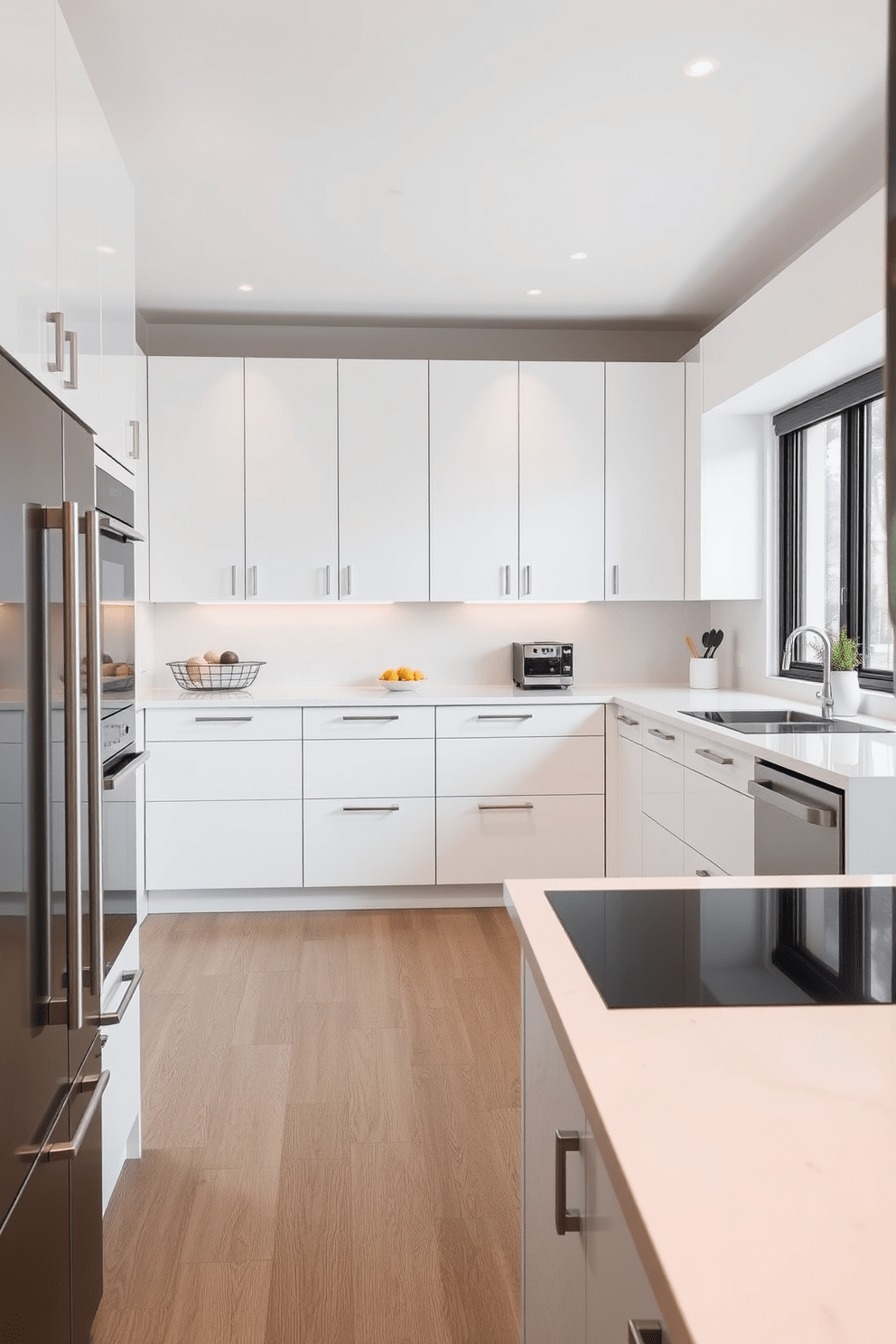 A sleek German kitchen with minimalist hardware emphasizing clean lines and functionality. The cabinetry features high-gloss white finishes with integrated handles, creating a seamless appearance. A large central island provides ample workspace and doubles as a breakfast bar. The countertops are made of polished quartz, complementing the modern stainless steel appliances.