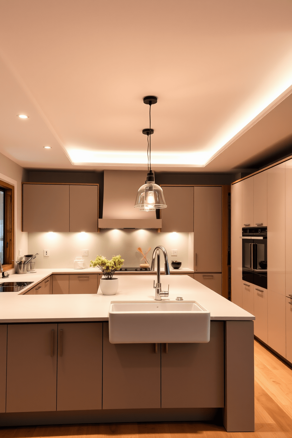 Layered lighting creates a warm and inviting atmosphere in a German kitchen. Pendant lights hang over the island while recessed lighting illuminates the work areas, enhancing the overall functionality and style. The kitchen features sleek cabinetry with a mix of matte and glossy finishes in soft neutral tones. A large farmhouse sink is complemented by modern fixtures, and natural wood accents add warmth to the contemporary design.