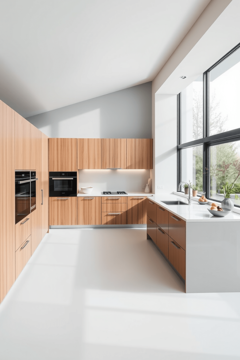 A modern German kitchen design with sleek cabinetry and integrated appliances for a streamlined look. The layout features an island with bar seating, allowing for easy meal preparation and social interaction. Natural light floods the space through large windows, highlighting the minimalist aesthetic of the design. Warm wood accents contrast with cool white surfaces, creating a welcoming and functional cooking environment.