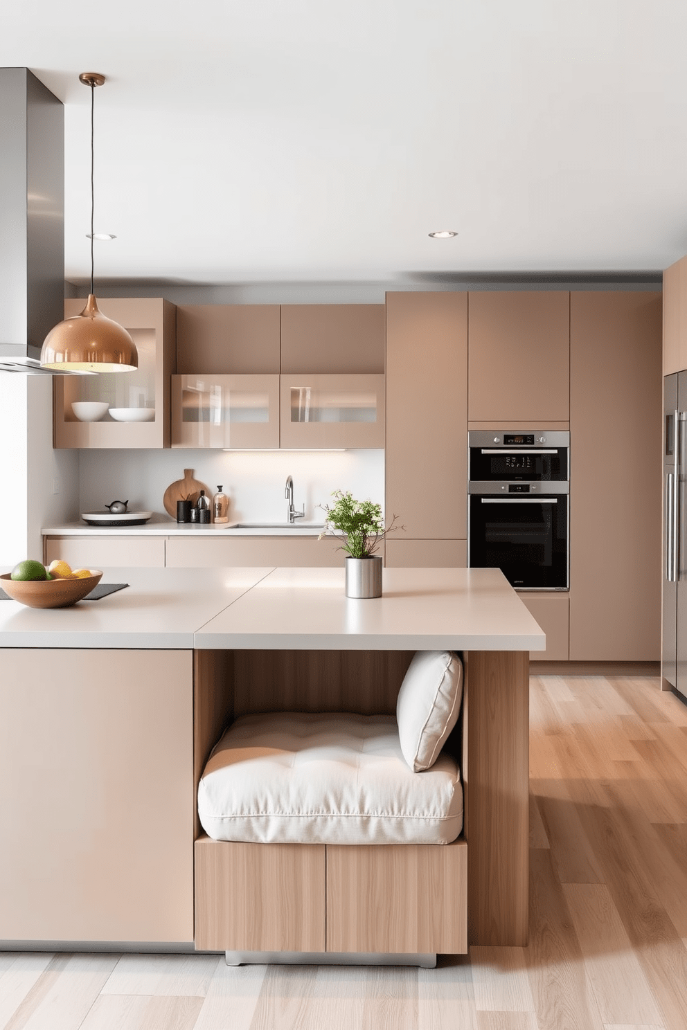 A modern German kitchen featuring integrated seating for casual dining. The kitchen island includes a built-in bench with plush cushions, surrounded by sleek cabinetry and high-end appliances.