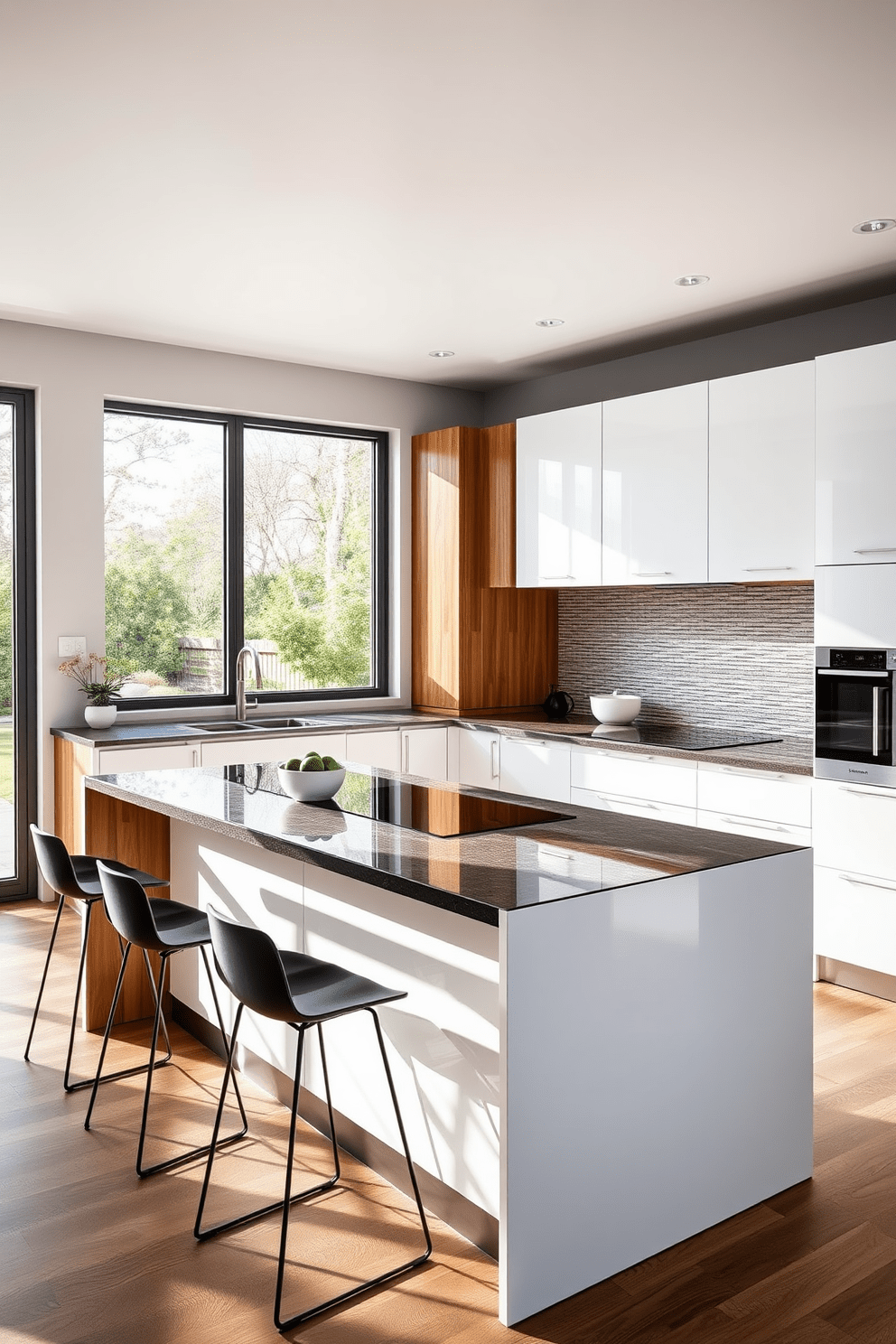 A sleek German kitchen design featuring a combination of high-gloss white cabinetry and warm wooden accents. The space includes a large island with a contrasting dark stone countertop, surrounded by modern bar stools. Natural light floods the room through large windows, highlighting the seamless integration of stainless steel appliances and minimalist hardware. A stylish backsplash made of textured tiles adds visual interest and complements the overall aesthetic.