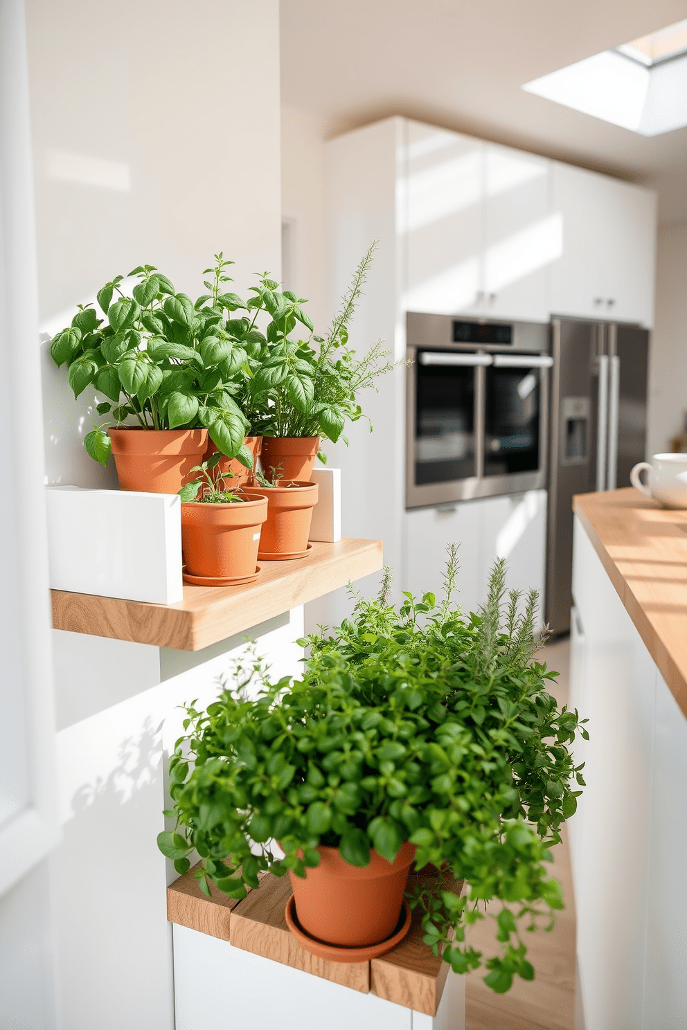 A charming herb garden is nestled in a sunny corner of the kitchen. Lush green basil, fragrant rosemary, and vibrant thyme thrive in elegant terracotta pots on a wooden shelf. The kitchen features a sleek design with high-quality German cabinetry in a glossy white finish. Stainless steel appliances complement the minimalist aesthetic, while a large island with a natural wood countertop serves as a central gathering space.